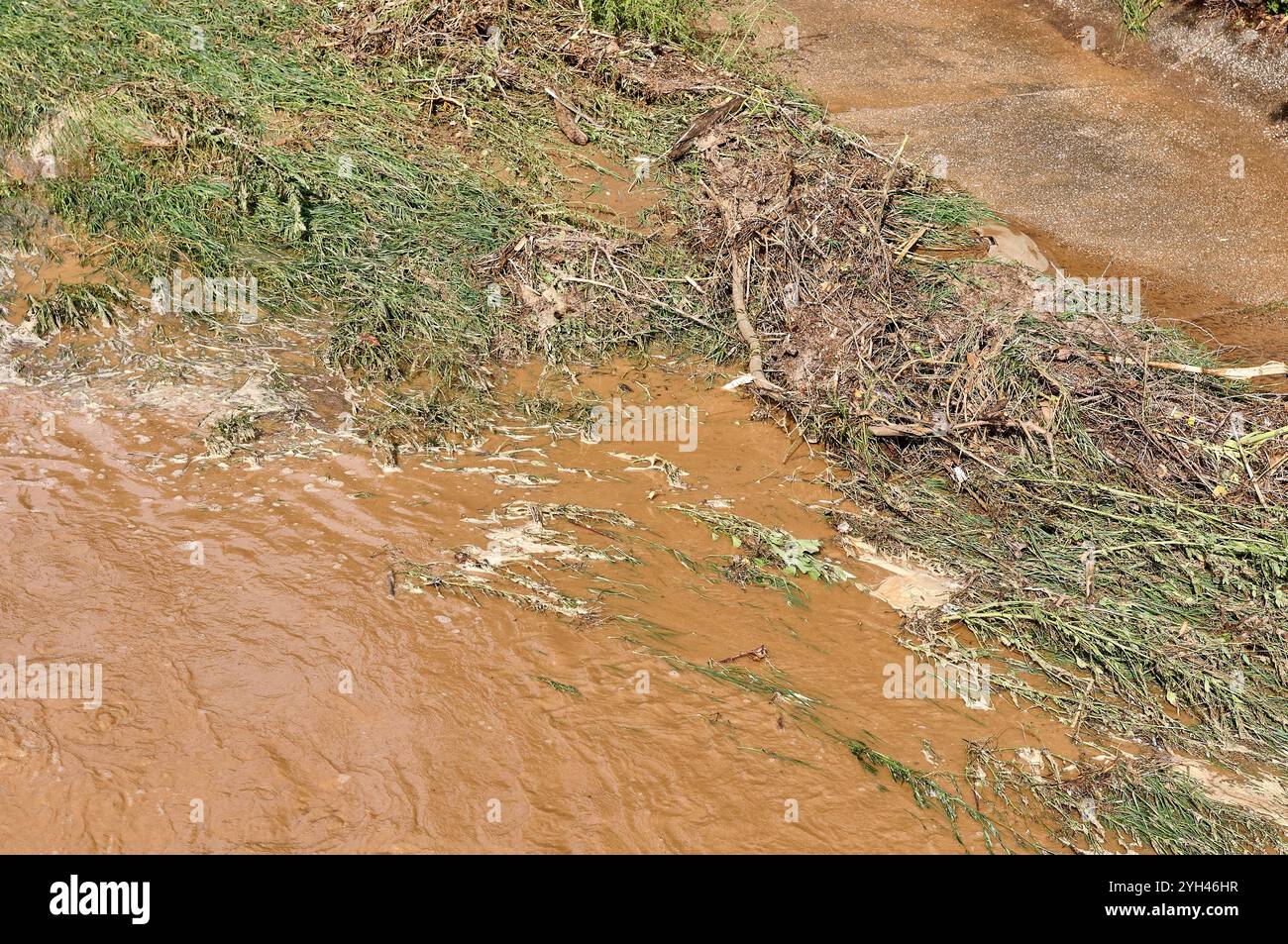 Una sponda fluviale con fango e detriti dopo un'alluvione, che mostra le conseguenze di intense precipitazioni sul paesaggio. Foto Stock