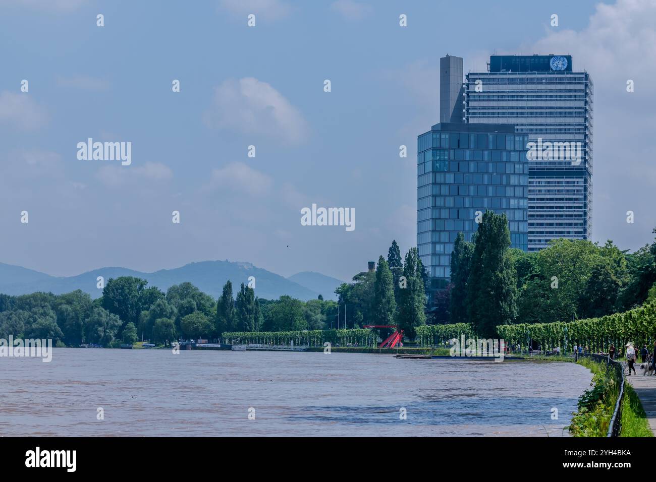 Bonn, Germania - 21 maggio 2024: Veduta del fiume Reno, del campus delle Nazioni Unite e della Torre delle poste sullo sfondo a Bonn Germania Foto Stock