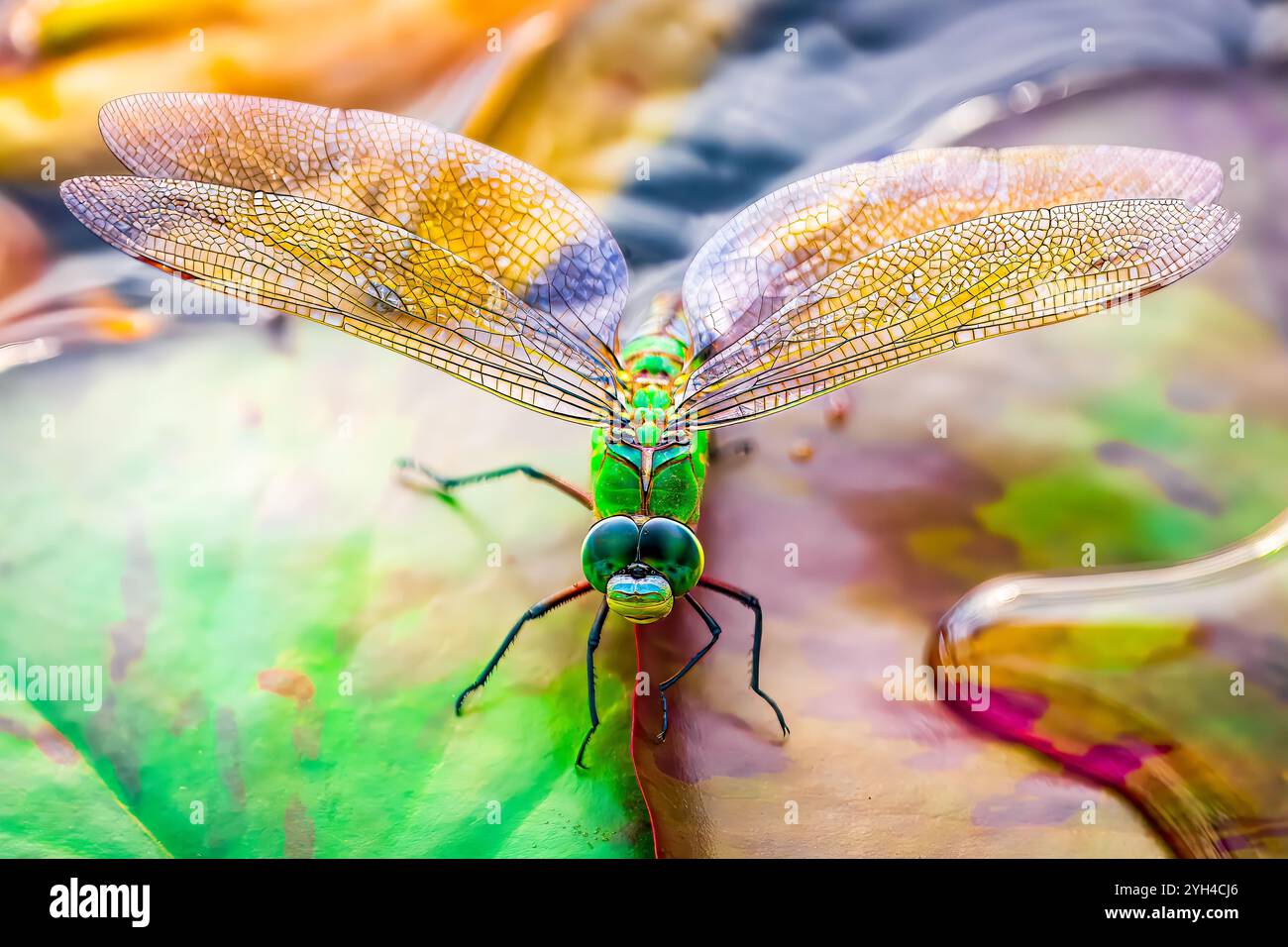 La libellula dell'Imperatore riposa presso lo stabilimento di lillies d'acqua, Merano, Tirolo, Italia Foto Stock