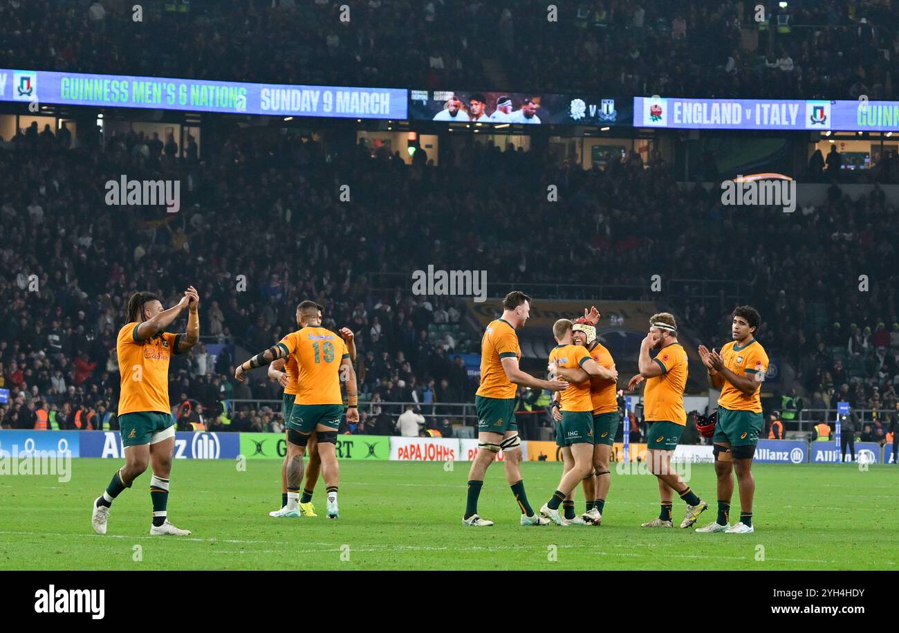 Twickenham, Regno Unito. 9 novembre 2024. Aeroporto internazionale di Autunno. Inghilterra V Australia. Stadio Allianz. Twickenham. I giocatori australiani festeggiano alla fine della partita durante la partita di rugby England V Australia Autumn International all'Allianz Stadium di Londra, Regno Unito. Crediti: Sport in foto/Alamy Live News Foto Stock