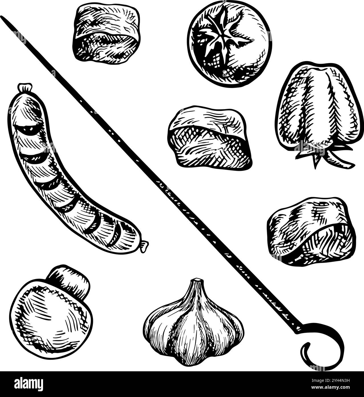 Un set di carne e verdure per barbecue e picnic. Grafica vettoriale con immagini di carne e verdure fritte. Illustrazione disegnata a mano in bianco e nero Illustrazione Vettoriale
