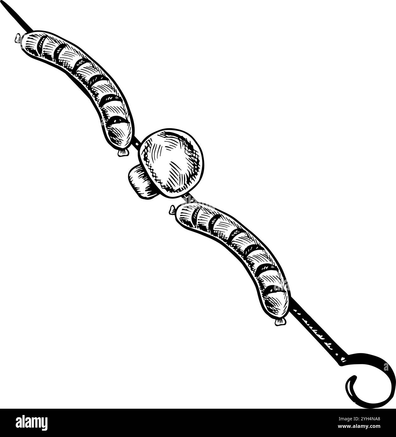 Salsicce cotte allo spiedo. Grafica vettoriale con l'immagine di salsicce fritte e champignon. Illustrazione del piatto in bianco e nero disegnata a mano. Su un Illustrazione Vettoriale