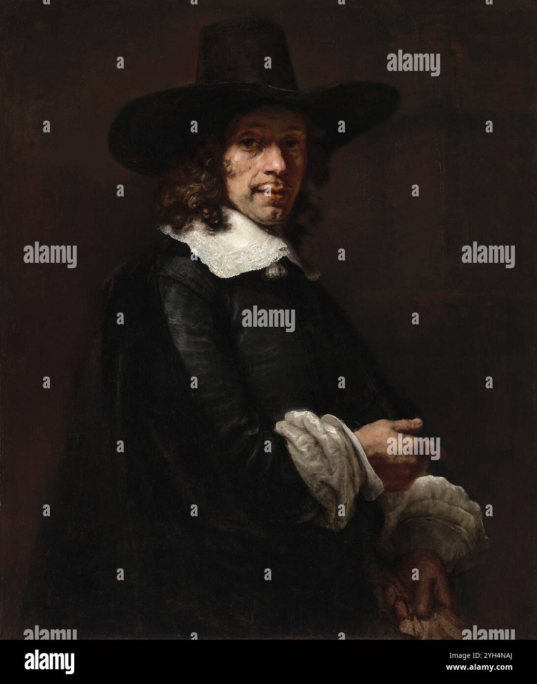 Titolo: Ritratto di un gentiluomo con un cappello alto e guanti artista: Rembrandt van Rijn anno: c. 1656/1658 Medio: Olio su tela trasferito su tela dimensioni: 99,5 x 82,5 cm ubicazione: National Gallery, Londra, Regno Unito Foto Stock