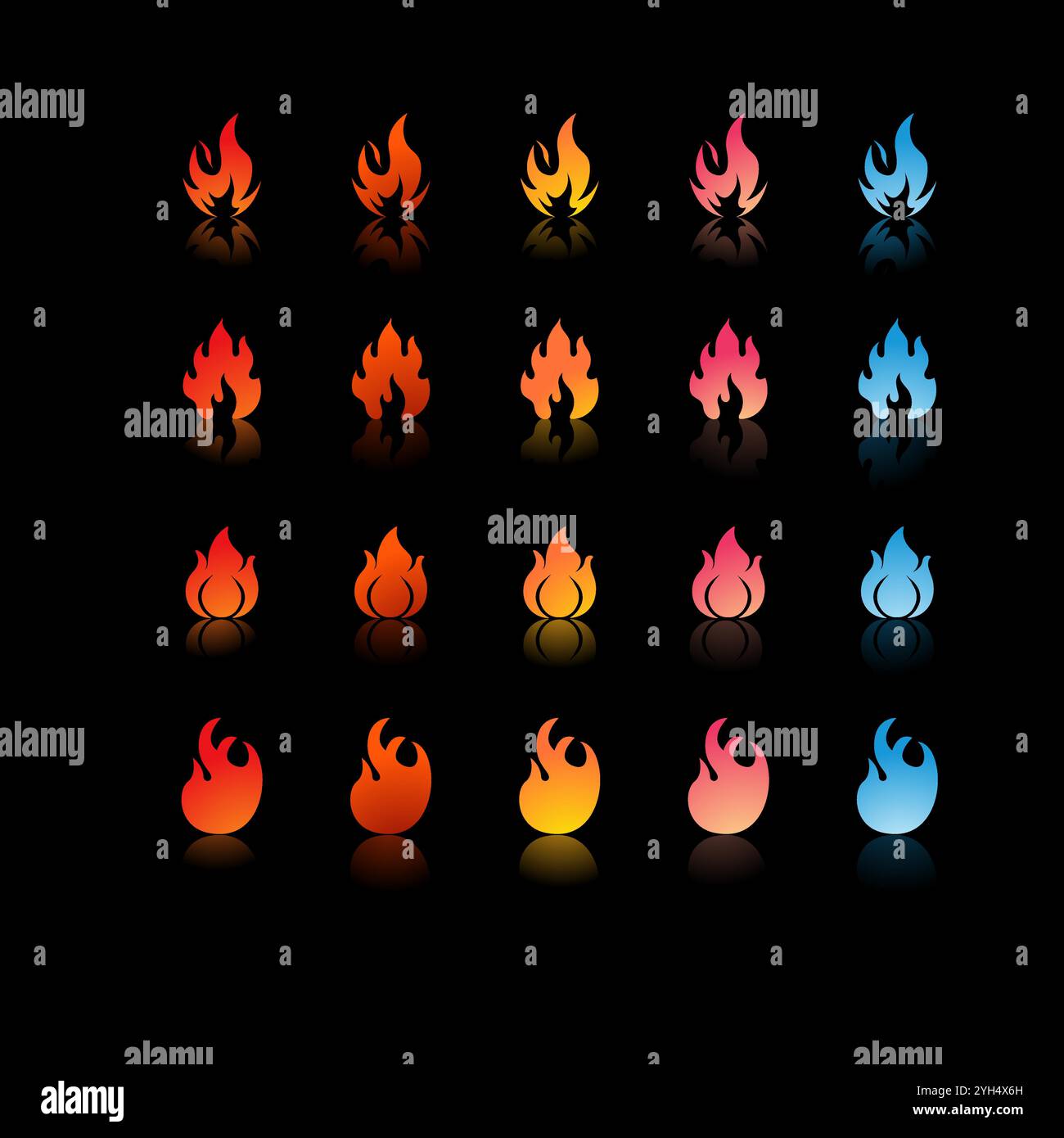 25 icone di fuoco con sfumature e forme diverse in colori che vanno da rosso, arancione, giallo, rosa a blu per Game Development Elements, Graphic Desig Illustrazione Vettoriale