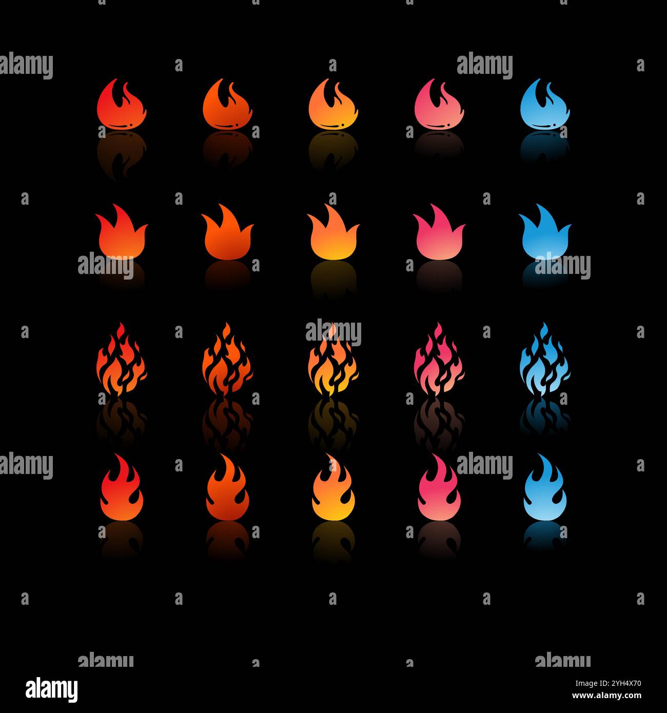 25 icone di fuoco con sfumature e forme diverse in colori che vanno da rosso, arancione, giallo, rosa a blu per Game Development Elements, Graphic Desig Illustrazione Vettoriale