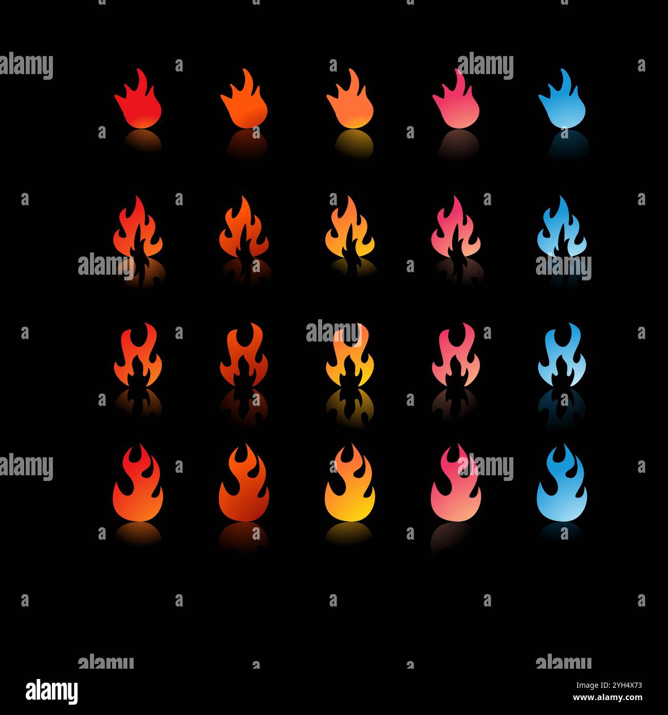 25 icone di fuoco con sfumature e forme diverse in colori che vanno da rosso, arancione, giallo, rosa a blu per Game Development Elements, Graphic Desig Illustrazione Vettoriale