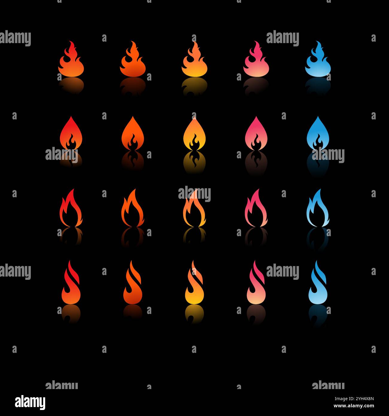 25 icone di fuoco con sfumature e forme diverse in colori che vanno da rosso, arancione, giallo, rosa a blu per Game Development Elements, Graphic Desig Illustrazione Vettoriale
