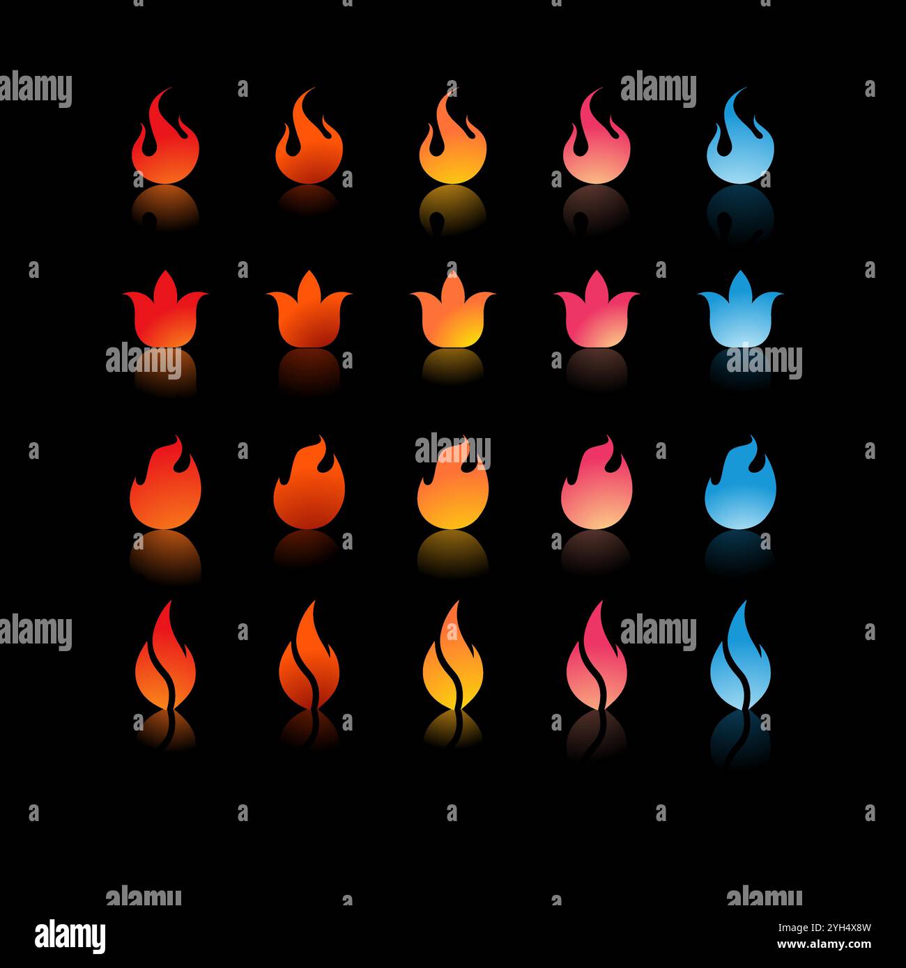 25 icone di fuoco con sfumature e forme diverse in colori che vanno da rosso, arancione, giallo, rosa a blu per Game Development Elements, Graphic Desig Illustrazione Vettoriale
