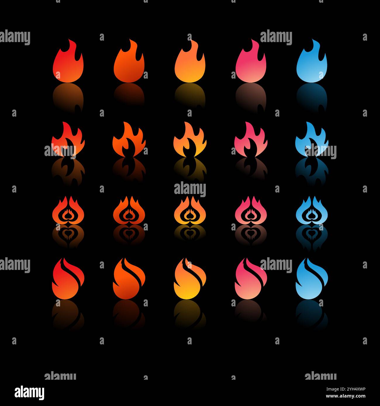 25 icone di fuoco con sfumature e forme diverse in colori che vanno da rosso, arancione, giallo, rosa a blu per Game Development Elements, Graphic Desig Illustrazione Vettoriale