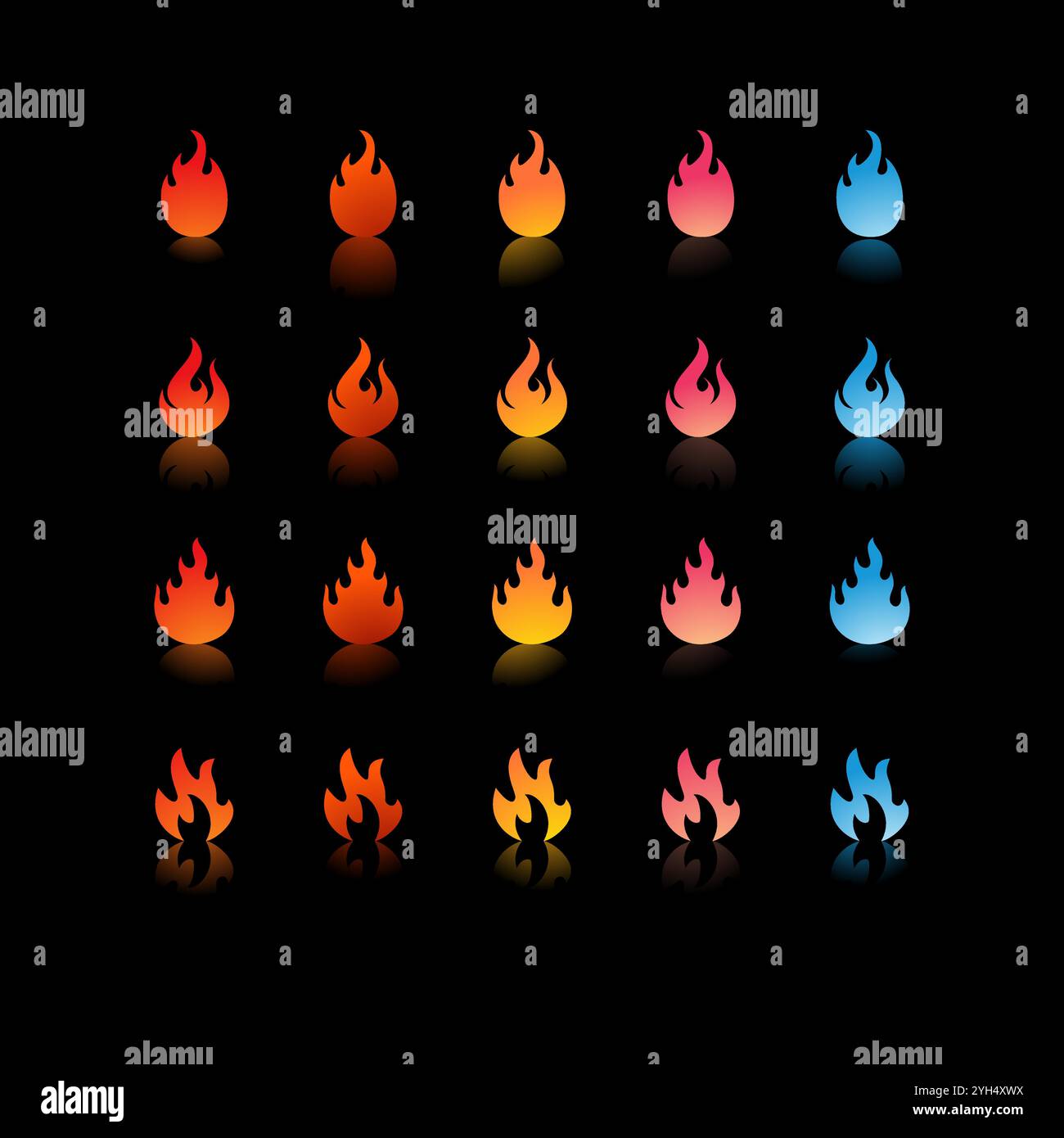 25 icone di fuoco con sfumature e forme diverse in colori che vanno da rosso, arancione, giallo, rosa a blu per Game Development Elements, Graphic Desig Illustrazione Vettoriale
