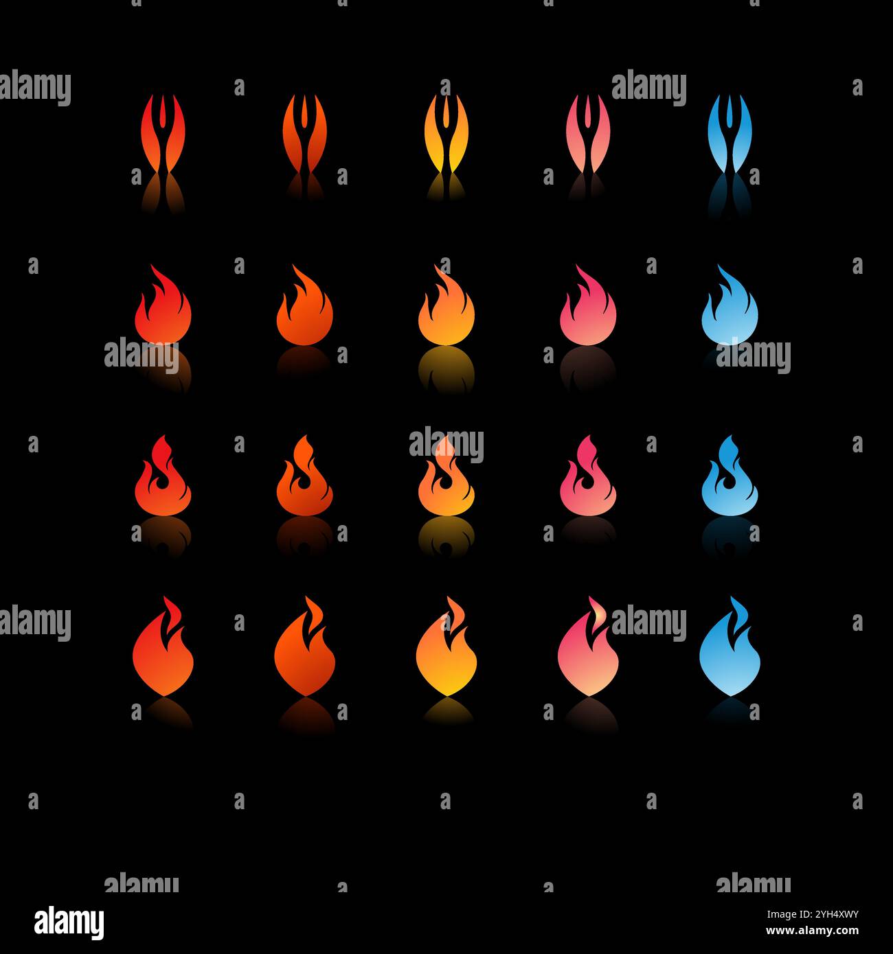 25 icone di fuoco con sfumature e forme diverse in colori che vanno da rosso, arancione, giallo, rosa a blu per Game Development Elements, Graphic Desig Illustrazione Vettoriale