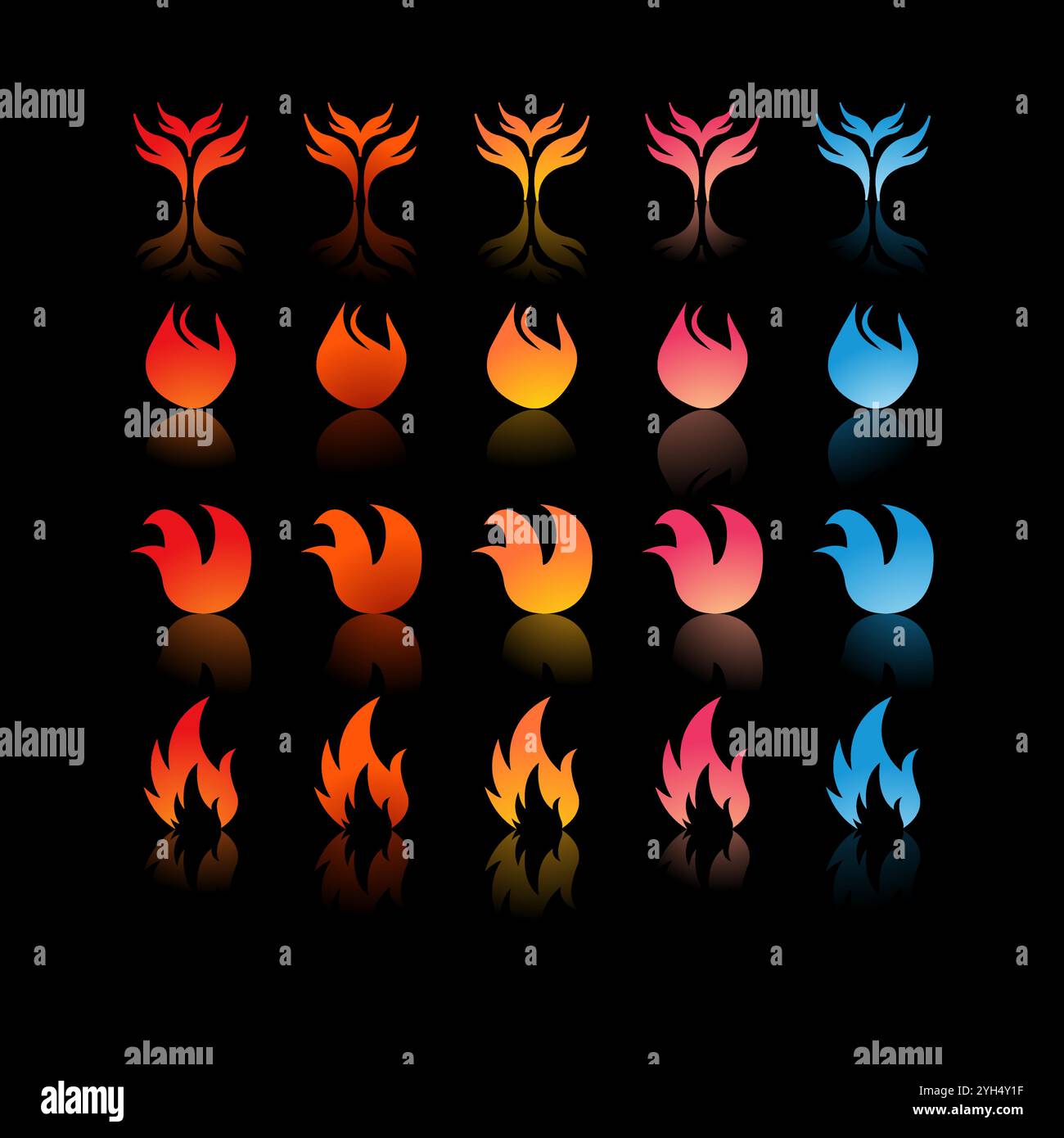 25 icone di fuoco con sfumature e forme diverse in colori che vanno da rosso, arancione, giallo, rosa a blu per Game Development Elements, Graphic Desig Illustrazione Vettoriale