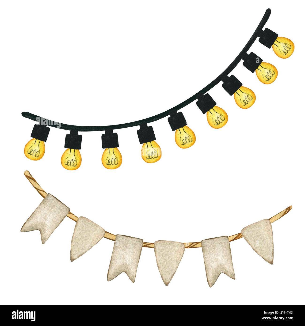 Illustrazione in acquerello di garland elettrico stradale di lampadine e bandiere triangolari di carta. Decorazioni natalizie e lanterne luminose Foto Stock