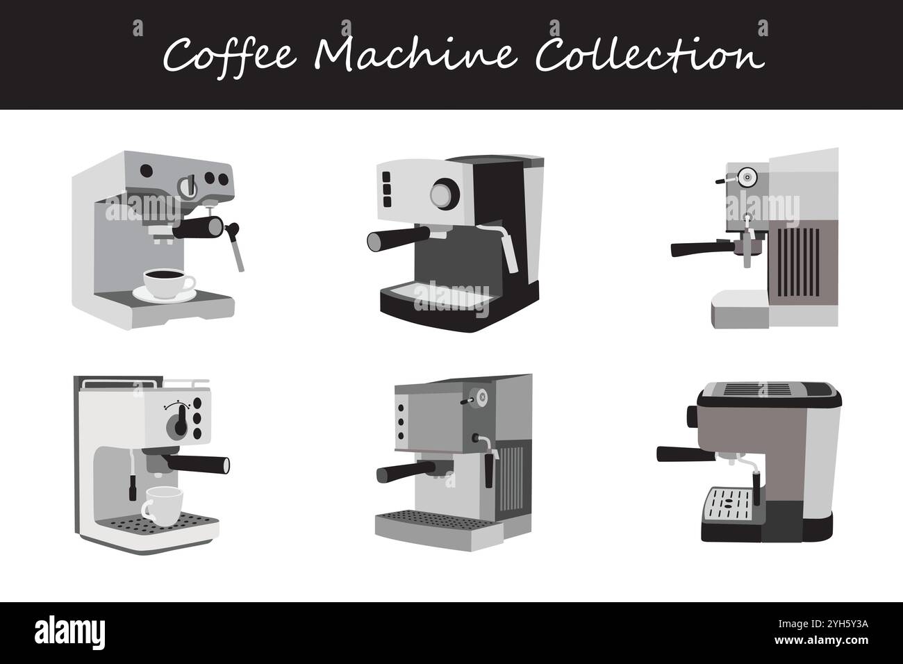 collezione di macchine per il caffè in diverse pose. Illustrazione vettoriale. Illustrazione Vettoriale