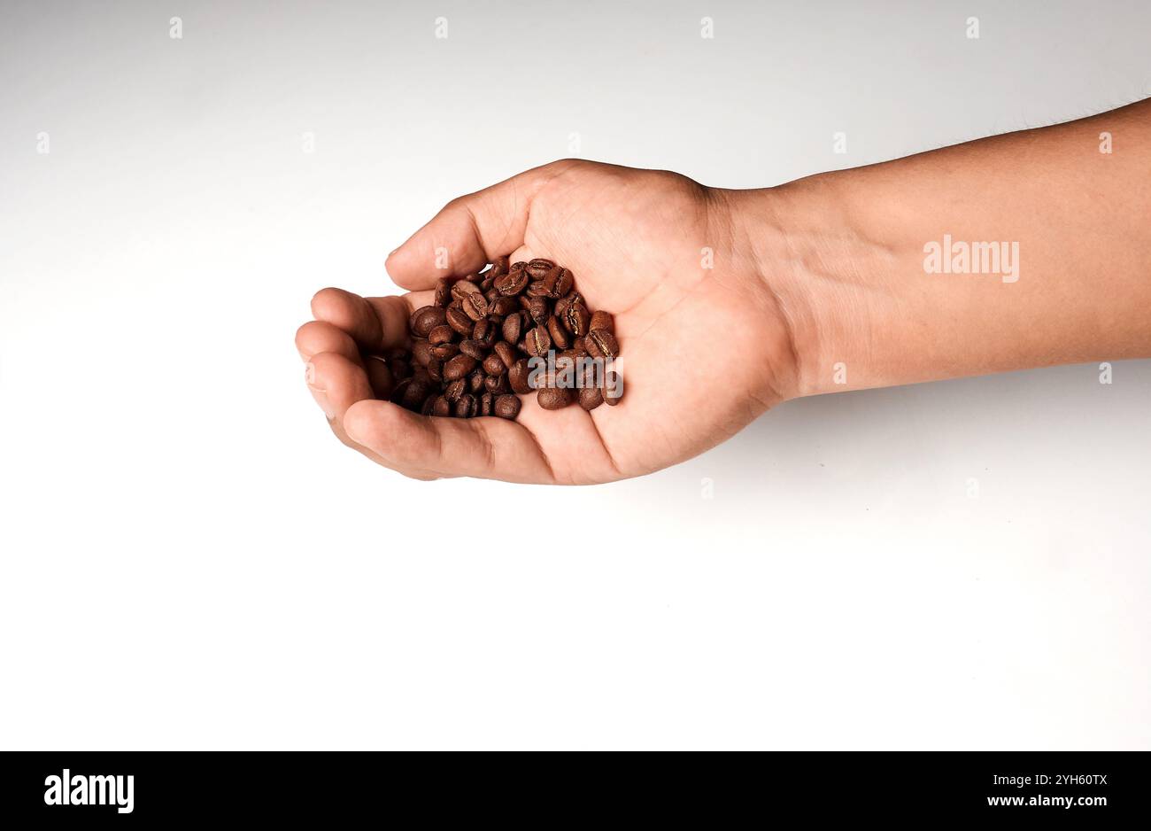 Mano di un uomo latino che tiene i chicchi di caffè su uno sfondo morbido. Foto Stock