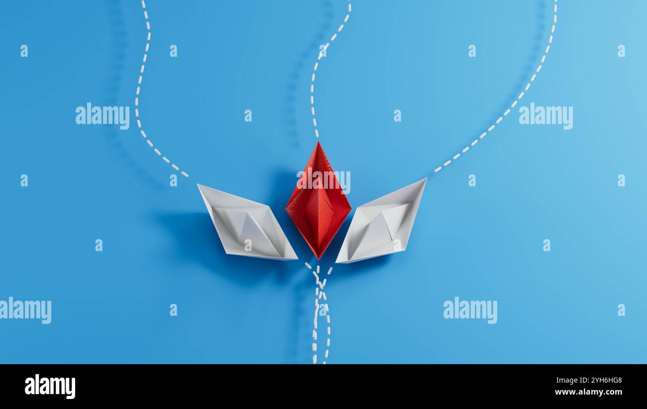 Barche di carta su sfondo verde con percorsi di movimento, che rappresentano il concetto di individualità. Vista dall'alto.rendering 3D su sfondo blu. Foto Stock