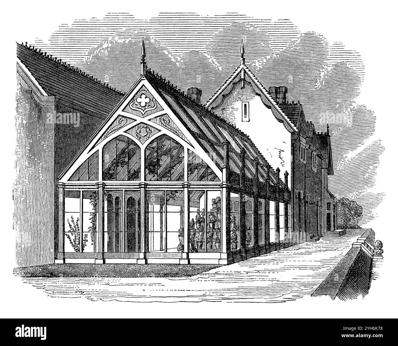 Incisione vintage del 1854 del conservatorio di Burntwood Grange a Wandsworth, vicino a Londra. La residenza di H. Grisewood, Scudiero Foto Stock