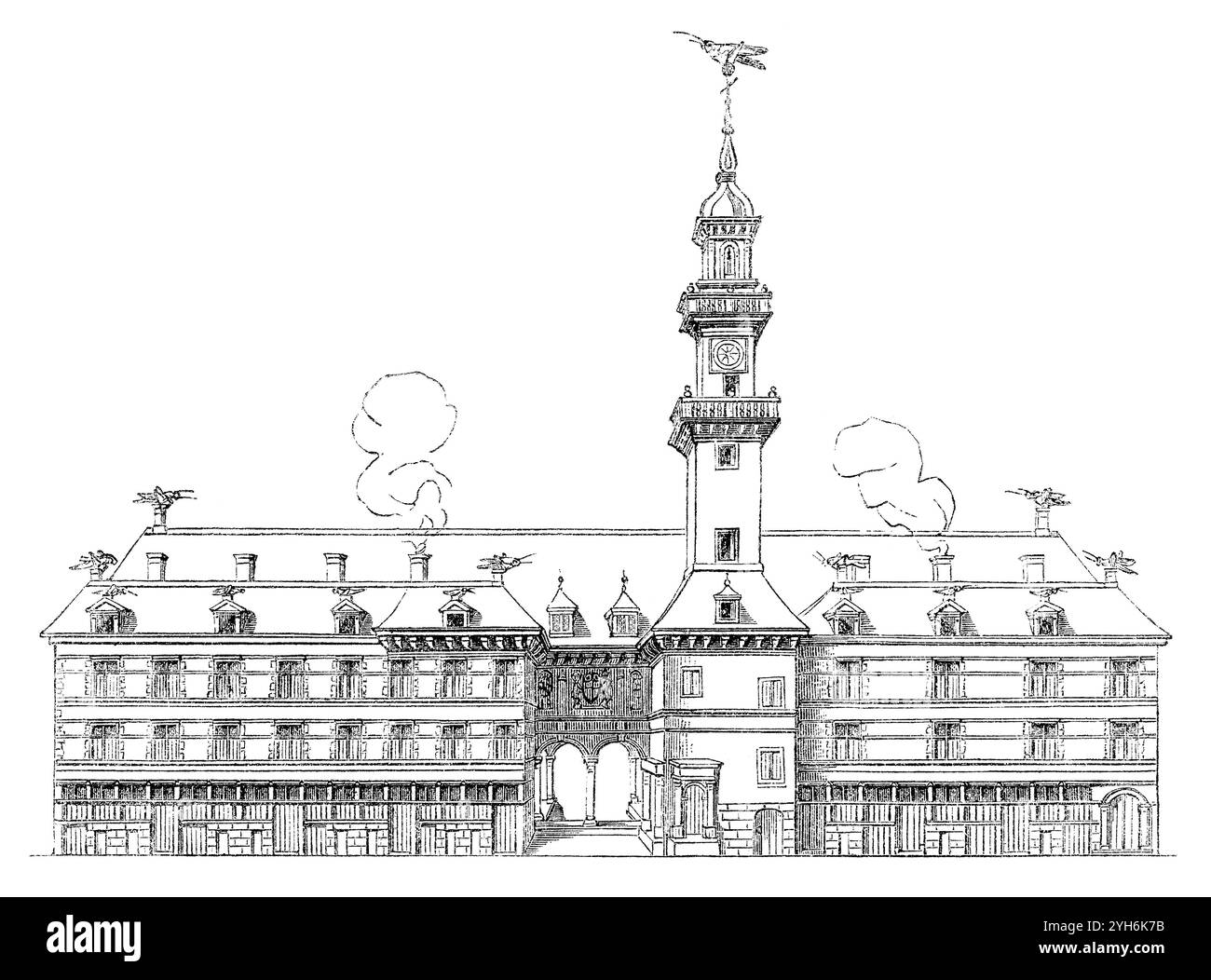 Incisione del primo Royal Exchange, aperto dalla regina Elisabetta i a Londra nel 1571 e distrutto nel grande incendio di Londra nel 1666. Foto Stock