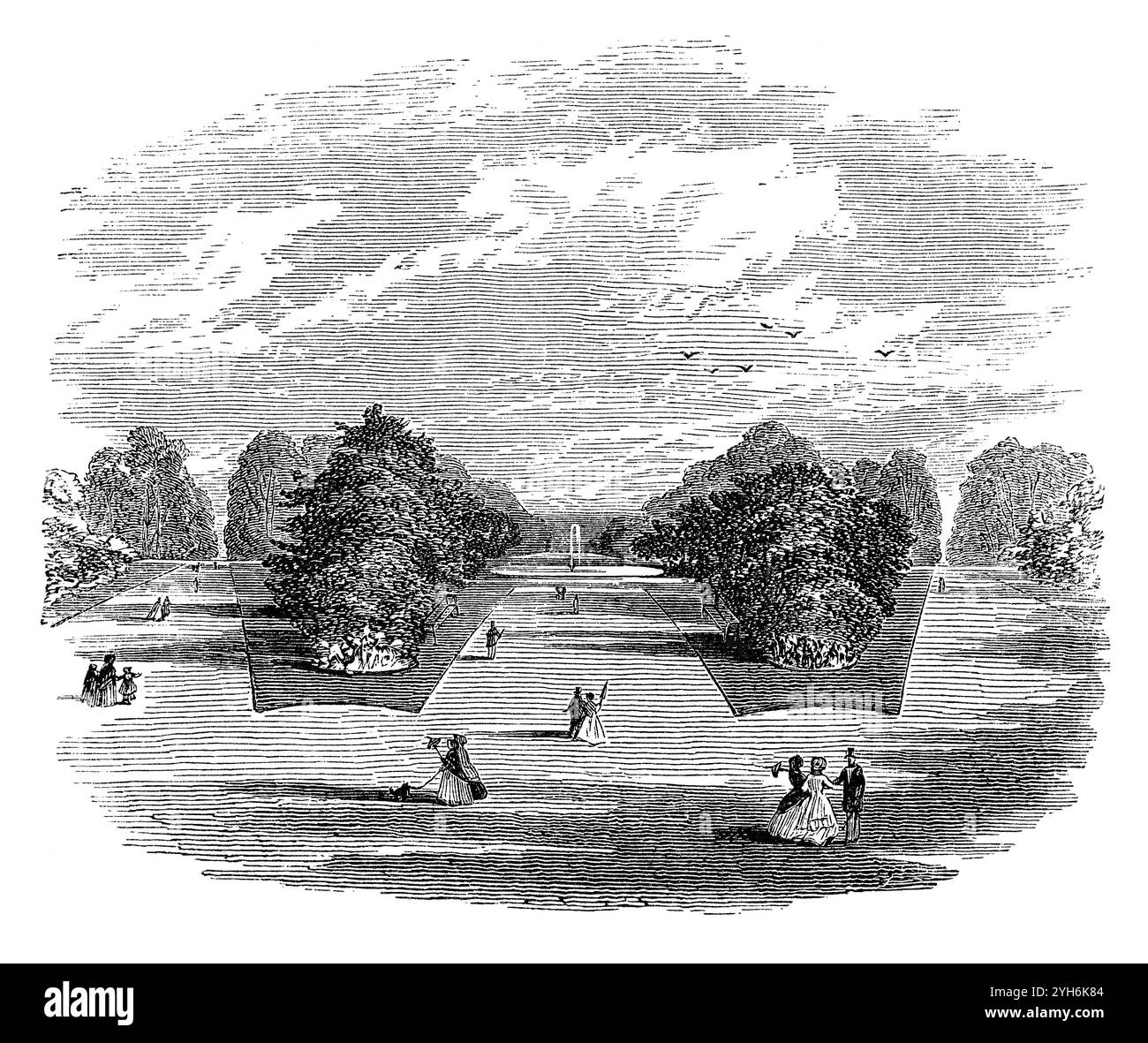Incisione vintage 1854 dei giardini di Hampton Court Palace, Richmond upon Thames. Foto Stock