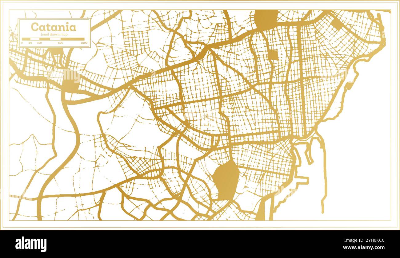 Catania Italia Mappa della città in colori dorati in stile retrò. Mappa di contorno. Illustrazione vettoriale. Illustrazione Vettoriale