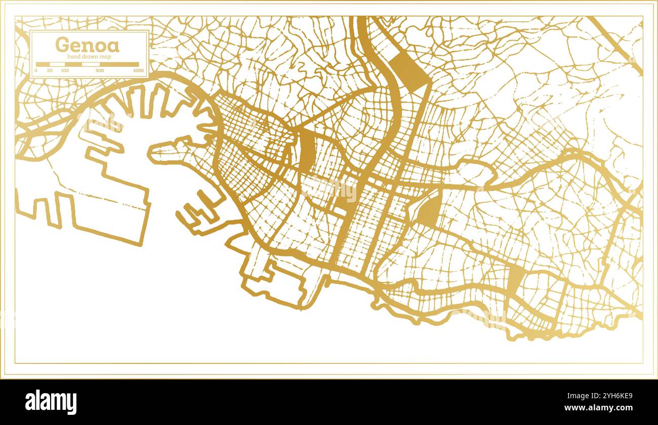 Genova Italia Mappa della città in colori dorati in stile retrò. Mappa di contorno. Illustrazione vettoriale. Illustrazione Vettoriale