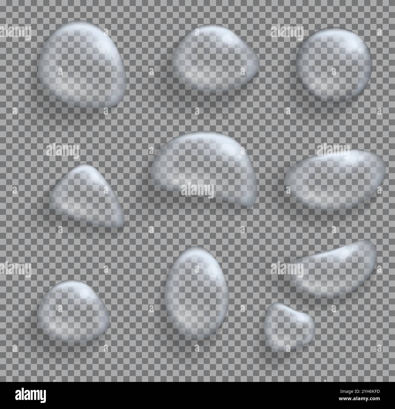 Acqua trasparente bolle realistiche su sfondo a scacchi. Illustrazione vettoriale. Sfera di vetro con brillanti e ombre. Gocce liquide trasparenti. Illustrazione Vettoriale