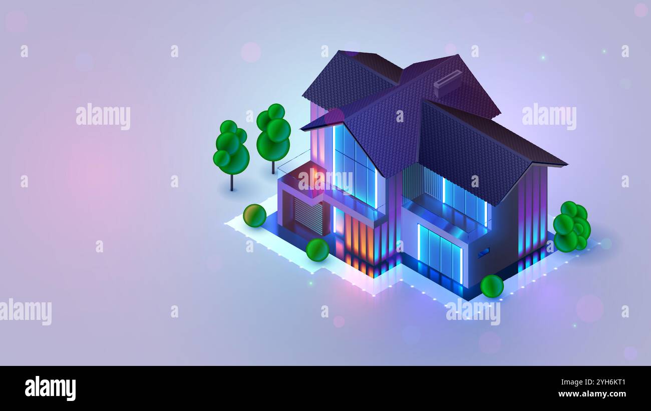 Casa intelligente. Moderno edificio residenziale privato a due piani con garage in serata con luci al neon. Casa con garage 3d isometrico vettoriale Ill Illustrazione Vettoriale