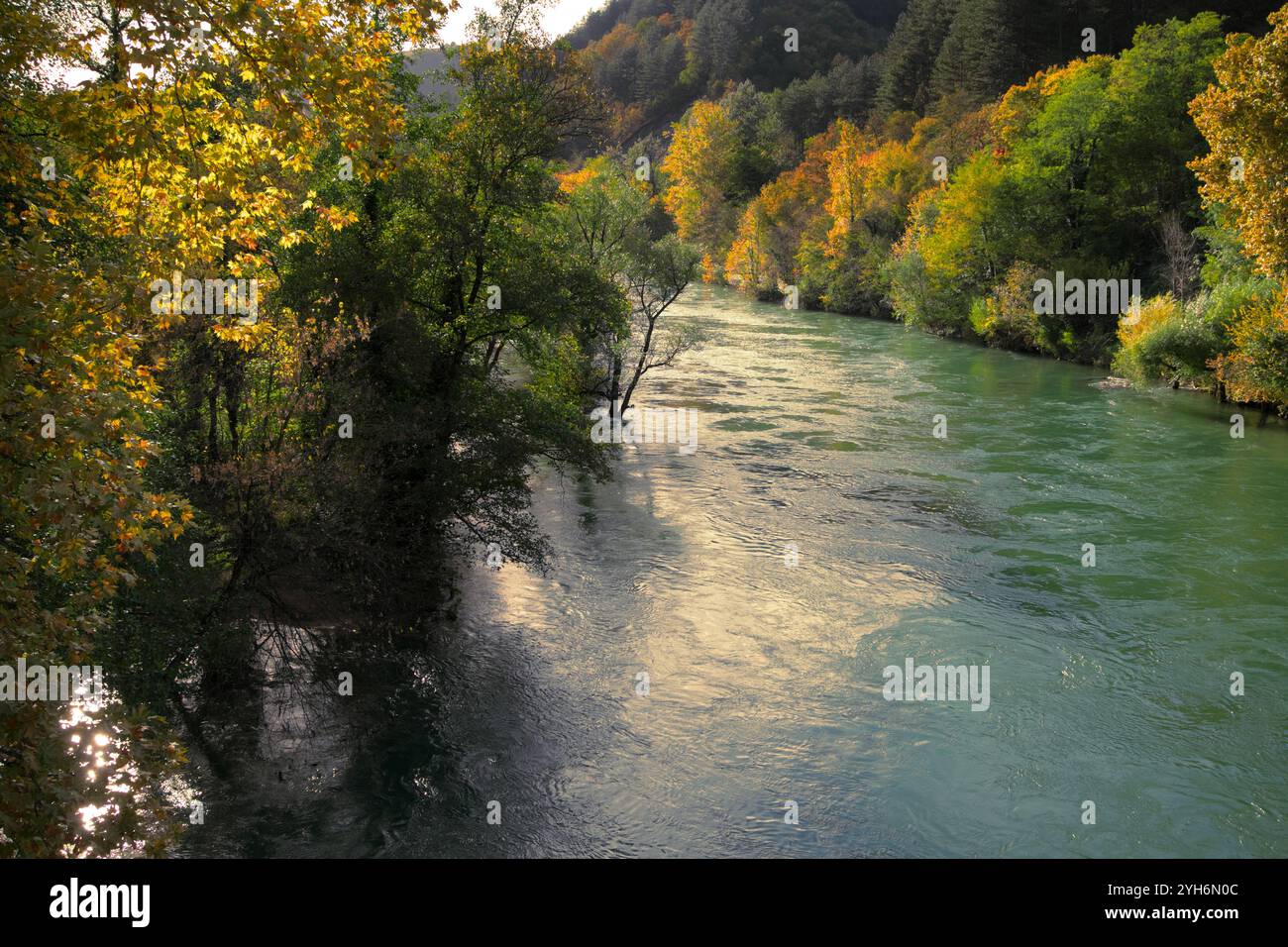 Colorata acqua fluente del fiume una lungo il bosco autunnale in Bosnia ed Erzegovina Foto Stock