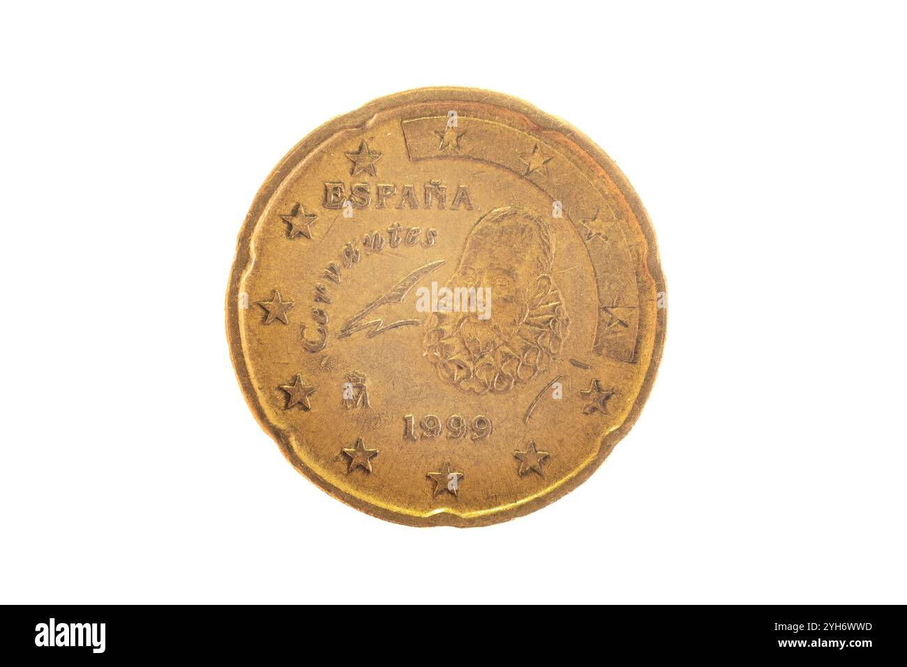 Foto macro estrema del rovescio di una moneta spagnola da venti centesimi. Foto Stock