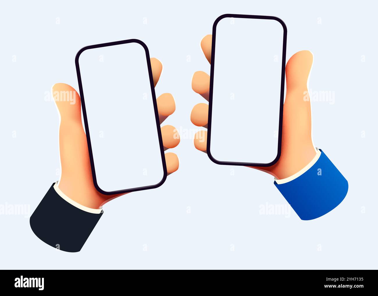 Simpatico cartone animato mani che tengono in mano uno smartphone cellulare. Mockup moderno. Illustrazione vettoriale Illustrazione Vettoriale