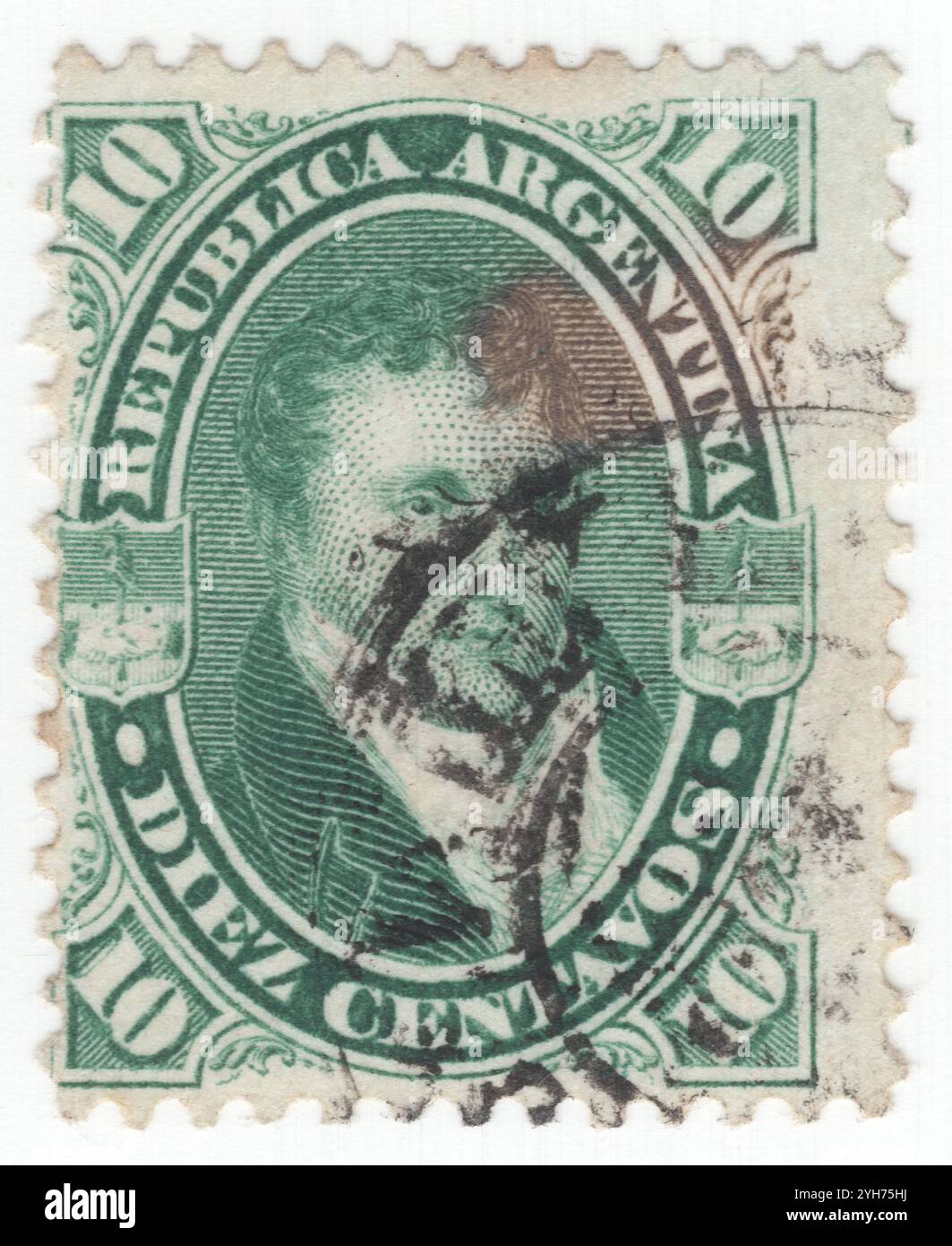 ARGENTINA - 1867 gennaio 1: Francobollo verde da 10 centavos raffigurante il ritratto di Manuel Belgrano. Manuel José Joaquín del Corazón de Jesús Belgrano y González (Buenos Aires, 3 giugno 1770 – Buenos Aires, 20 giugno 1820) è stato un economista, politico e giornalista argentino, e capo militare. Prese parte alle guerre d'indipendenza argentine e progettò quella che divenne la bandiera dell'Argentina. Gli argentini lo considerano uno dei principali Padri fondatori del paese Foto Stock