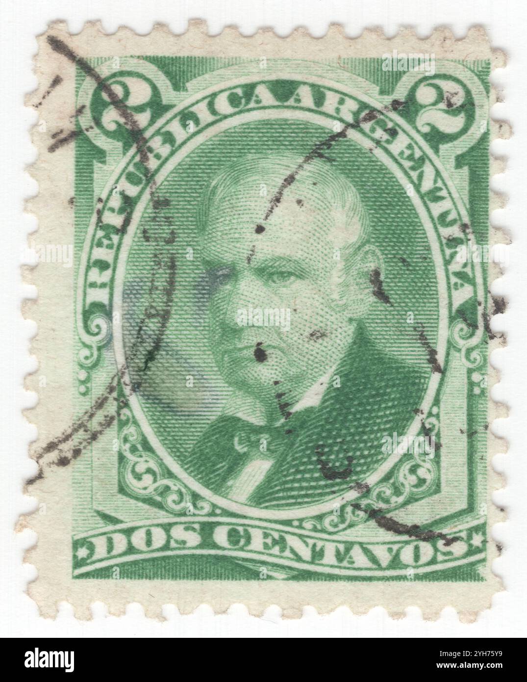 ARGENTINA - 1877 giugno 13: Francobollo giallo-verde 2 centavo raffigurante il ritratto di Alejandro Vicente Lopez y Planes. È stato uno scrittore e politico argentino che ha agito come presidente ad interim dell'Argentina dal 7 luglio al 18 agosto 1827. Ha anche scritto il testo dell'inno nazionale argentino adottato l'11 maggio 1813 Foto Stock