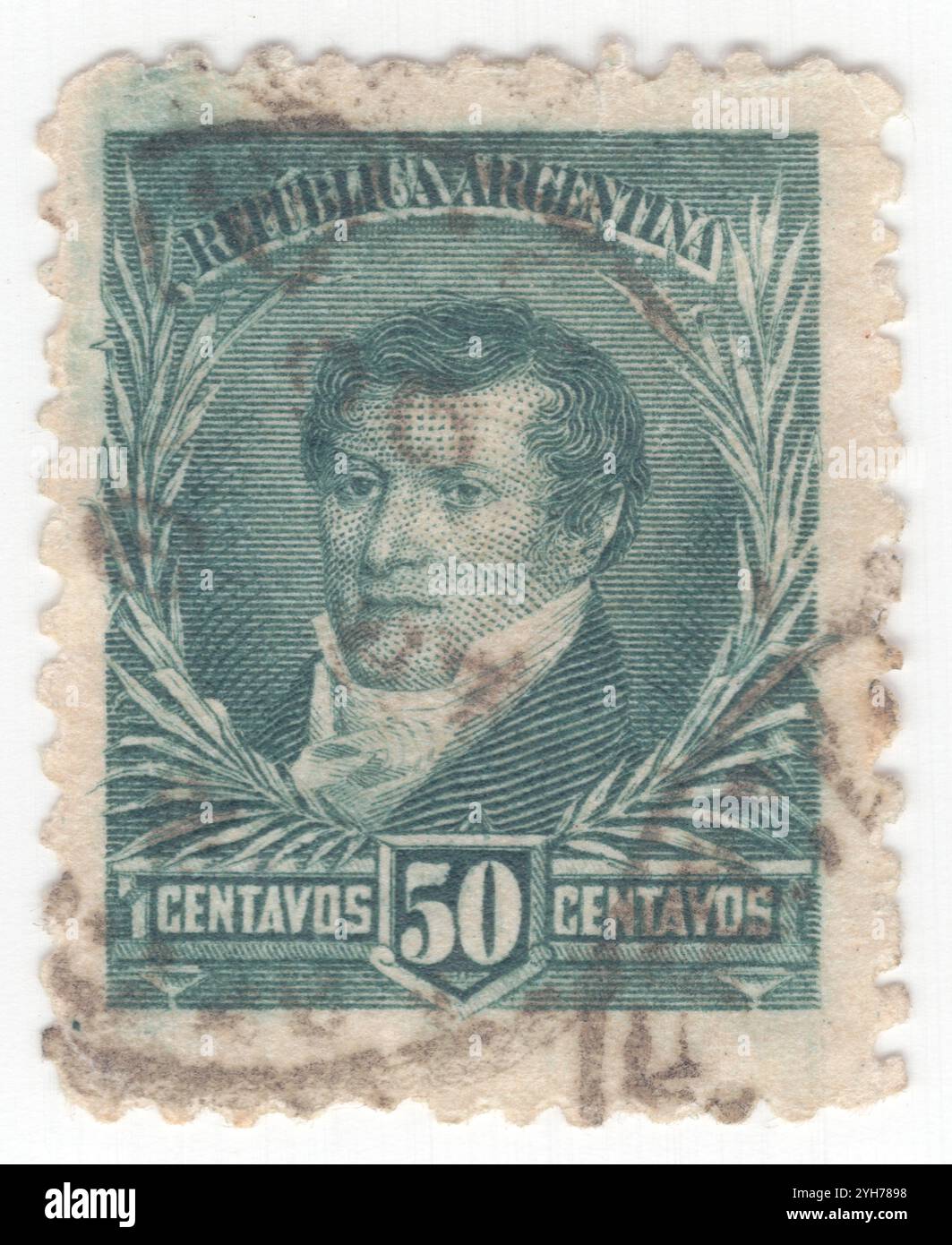 ARGENTINA - 1892 1 ottobre: Francobollo blu-verde 50 centavo raffigurante il ritratto di Manuel Belgrano. Manuel José Joaquín del Corazón de Jesús Belgrano y González (Buenos Aires, 3 giugno 1770 – Buenos Aires, 20 giugno 1820) è stato un economista, politico e giornalista argentino, e capo militare. Prese parte alle guerre d'indipendenza argentine e progettò quella che divenne la bandiera dell'Argentina. Gli argentini lo considerano uno dei principali Padri fondatori del paese Foto Stock