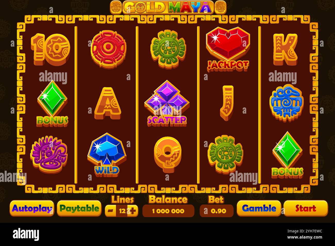 Menu completo e set di simboli a 12 slot a tema azteco o Maya. Icone di stile per giochi 2D e casinò o slot. Elementi grafici per lo sviluppo di Illustrazione Vettoriale