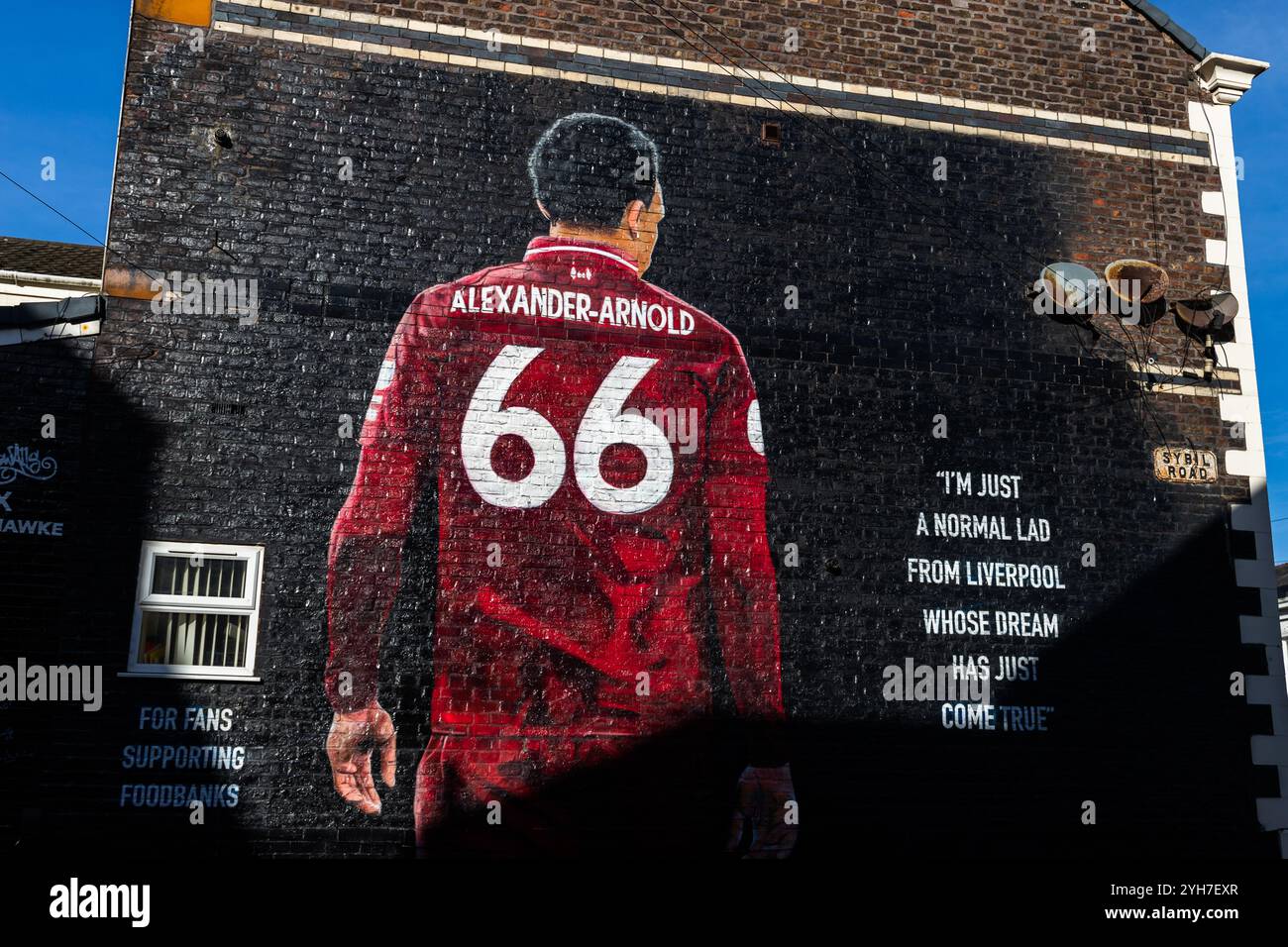 Murale di Trent Alexander-arnold SEE in Sybil Road, Anfield. Il murale alla fine di una serie di case a schiera vicino al Liverpool FC, lo stadio Anfield. PI Foto Stock