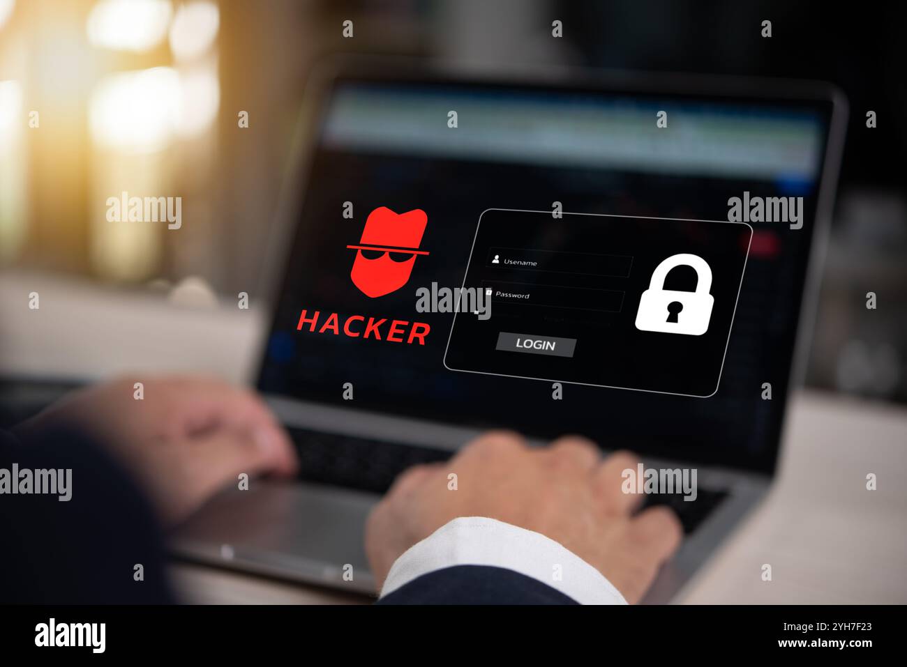 Digitazione manuale sulla tastiera del notebook con icona di hacker e schermata di accesso, che rappresenta minacce alla sicurezza informatica, hacking e sicurezza digitale. Foto Stock