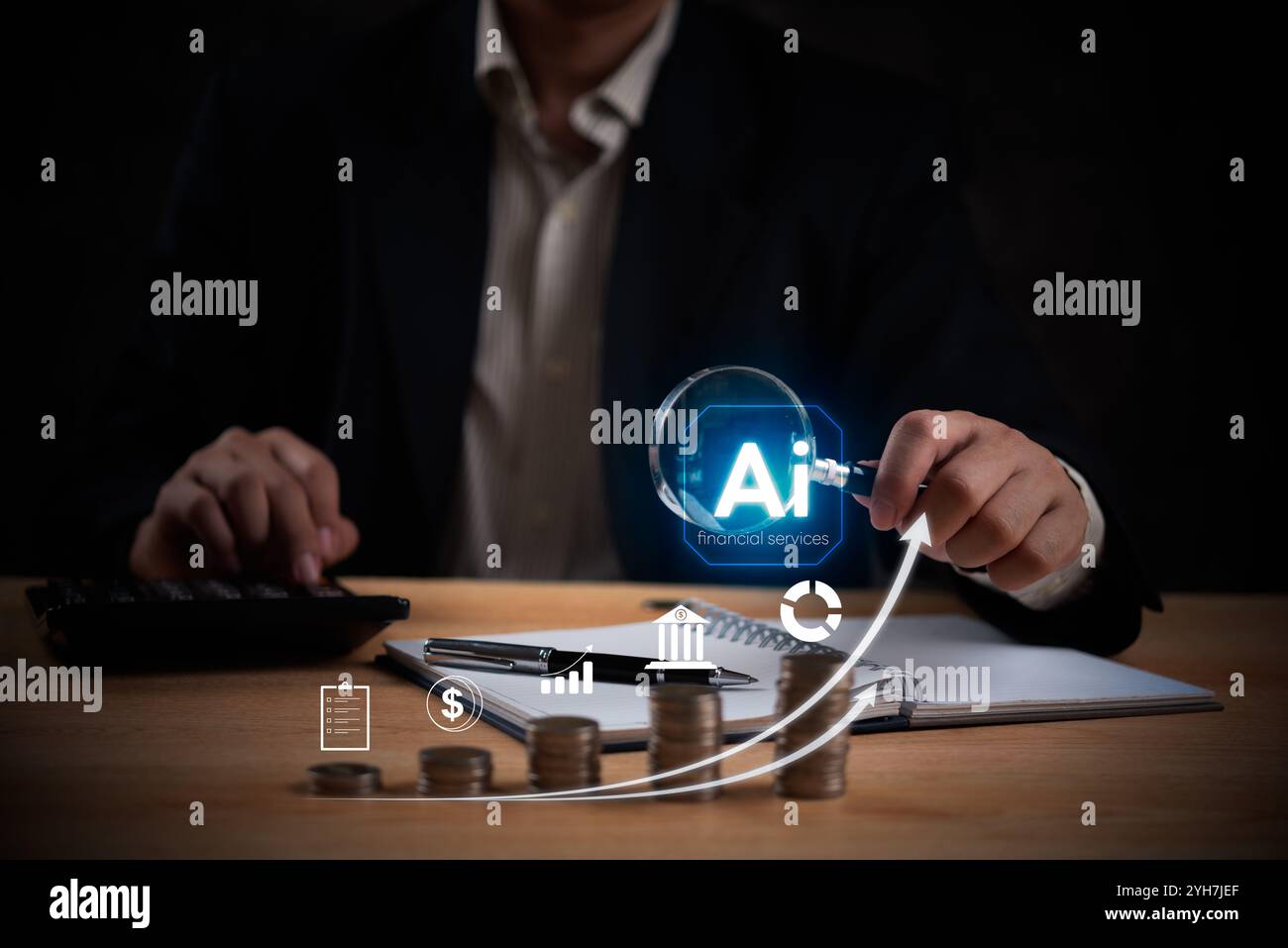 Utilizzare la tecnologia di intelligenza artificiale per i servizi finanziari, con monete e icone finanziarie. Perfetto per articoli fintech, presentazioni sull'innovazione dell'intelligenza artificiale o digitali Foto Stock