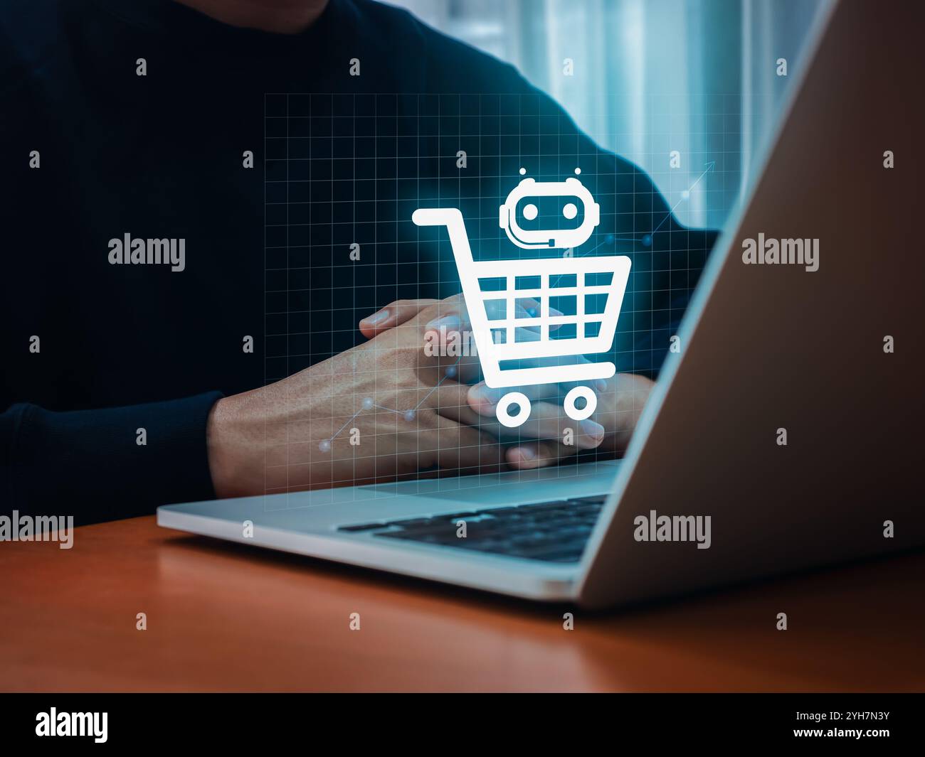 Concetto di e-commerce AI. Strumenti di supporto all'intelligenza artificiale per la gestione del marketing e-commerce. Simbolo chat bot AI sul carrello sullo schermo della rete Foto Stock