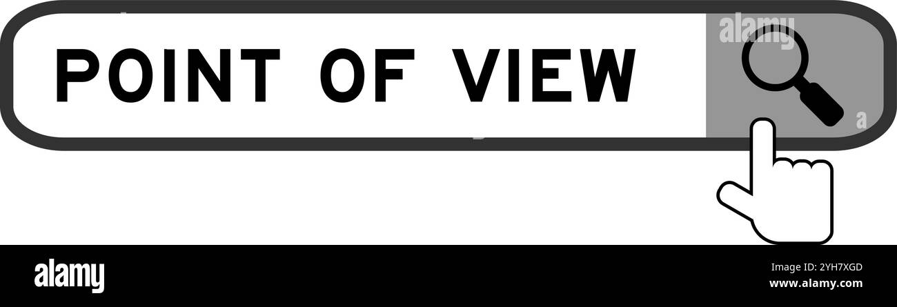 Cerca banner nel punto di vista della parola con l'icona della lente di ingrandimento a mano su sfondo bianco Illustrazione Vettoriale