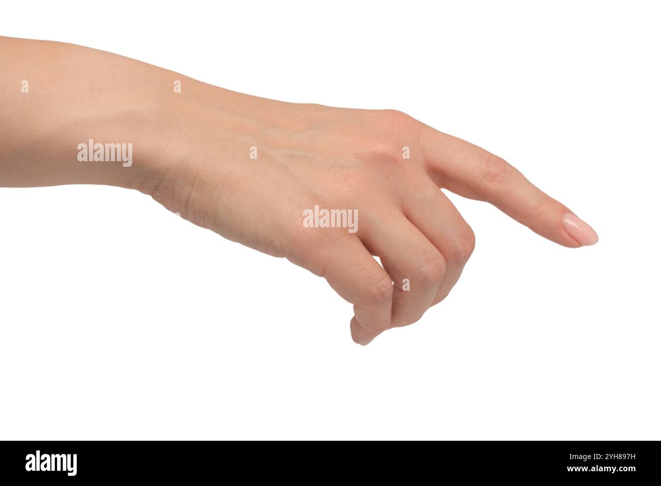 La mano della donna mostra il dito numero uno isolato su uno sfondo bianco. Foto Stock