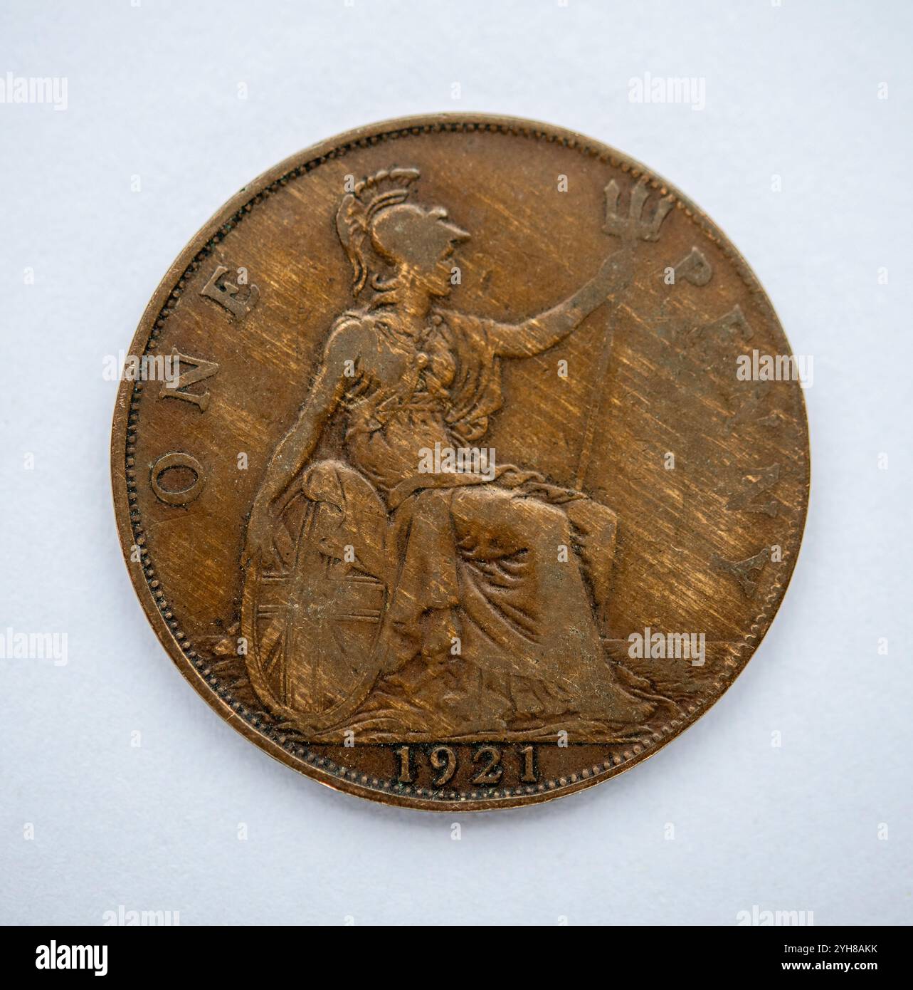 Lato posteriore di una moneta britannica da un penny datata 1921 Foto Stock