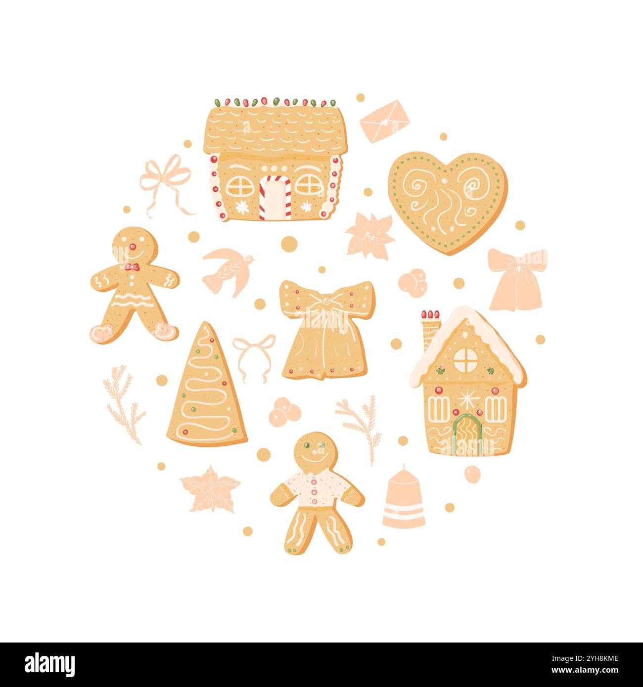 Emblema circolare dei biscotti al pan di zenzero. Arco, albero sempreverde e casa dello zenzero e uomo isolato su sfondo bianco. Dolce di Natale fatto in casa con Illustrazione Vettoriale