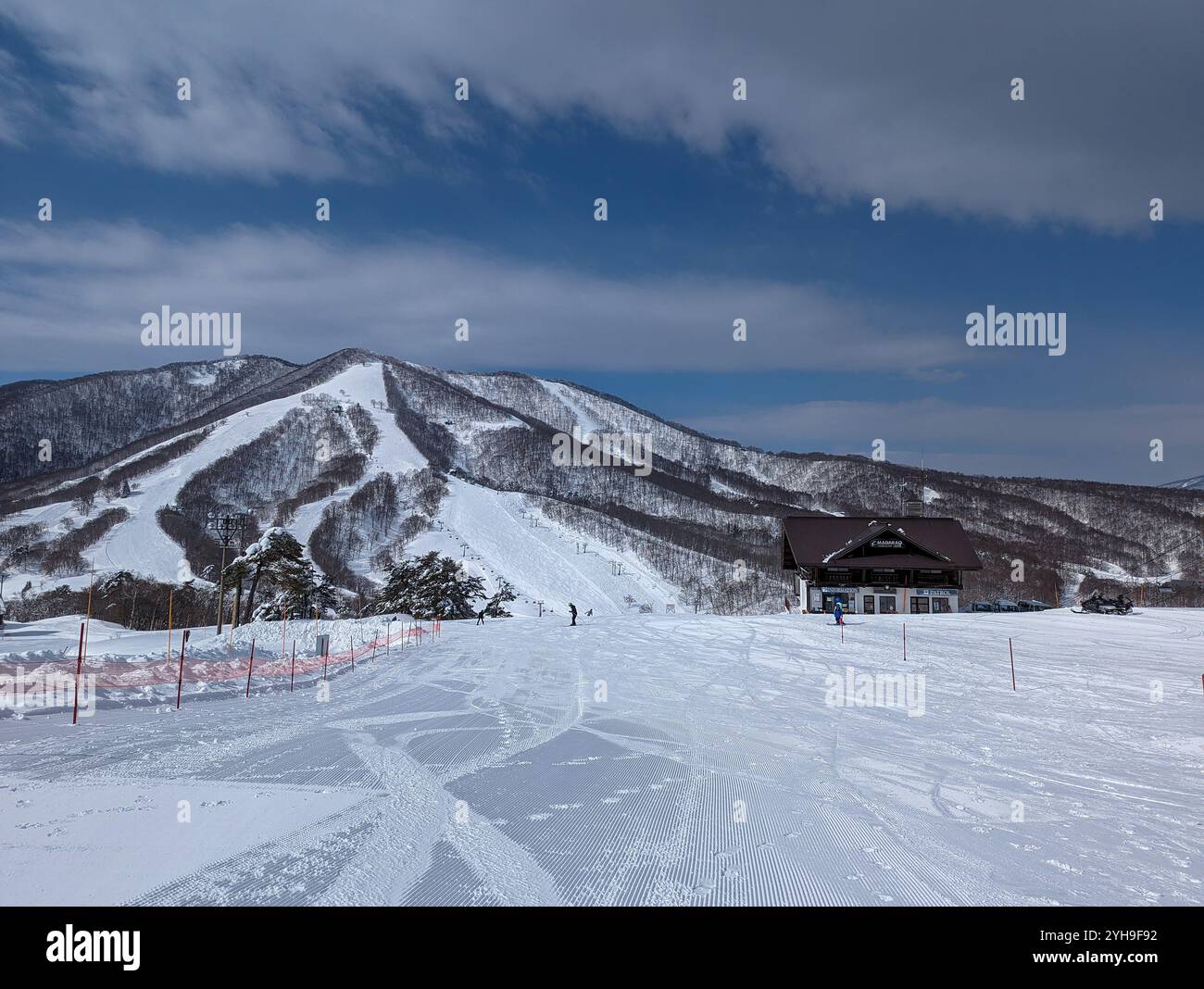 Snowboarder e sciatori nella zona sciistica di Madarao Mountain nella prefettura di Nagano, Giappone Foto Stock