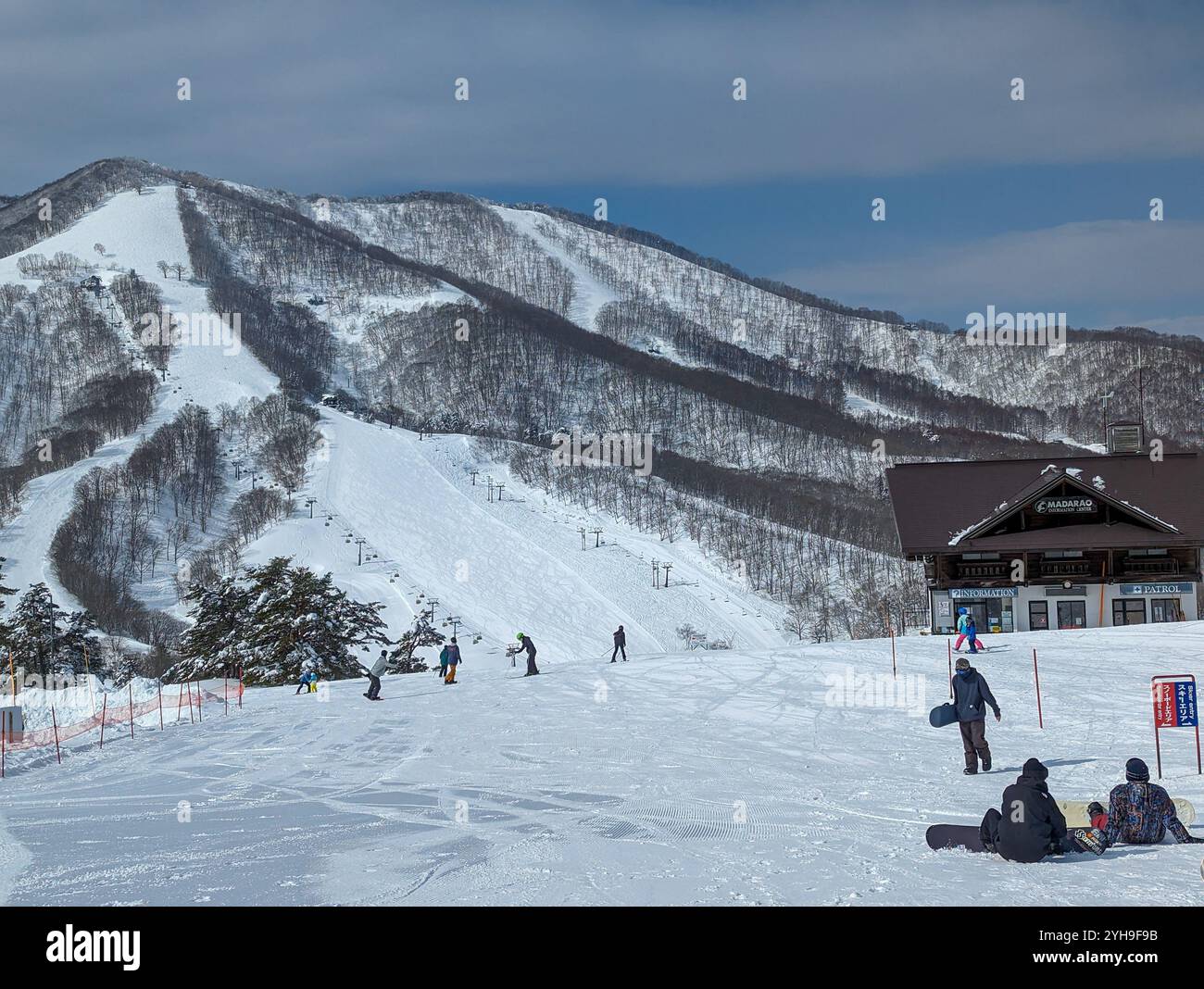 Snowboarder e sciatori nella zona sciistica di Madarao Mountain nella prefettura di Nagano, Giappone Foto Stock