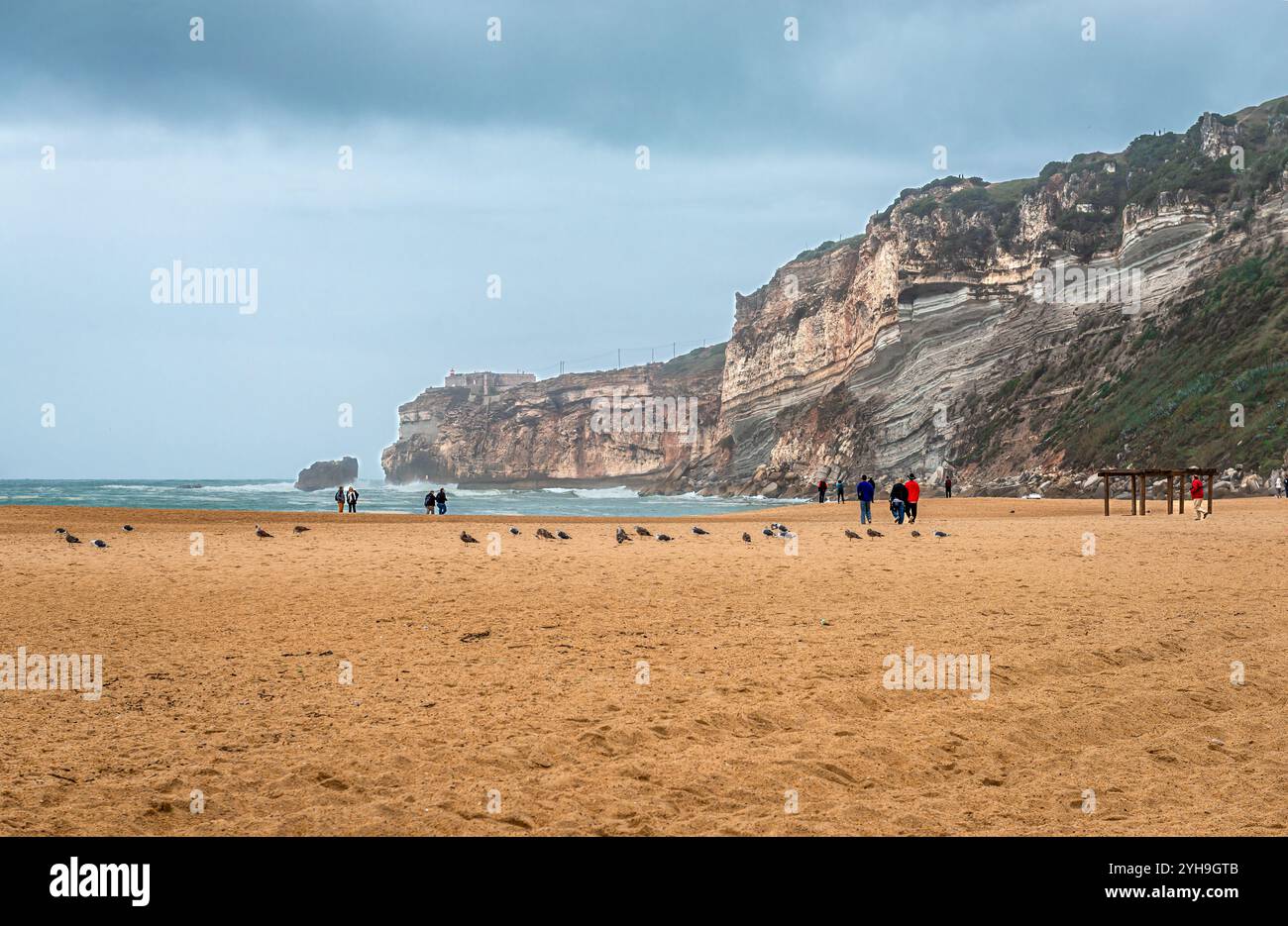 Gente e gabbiani sulla spiaggia di Nazare, in Portogallo, in una giornata nuvolosa. Il promontorio di Sitio è sullo sfondo. Foto Stock