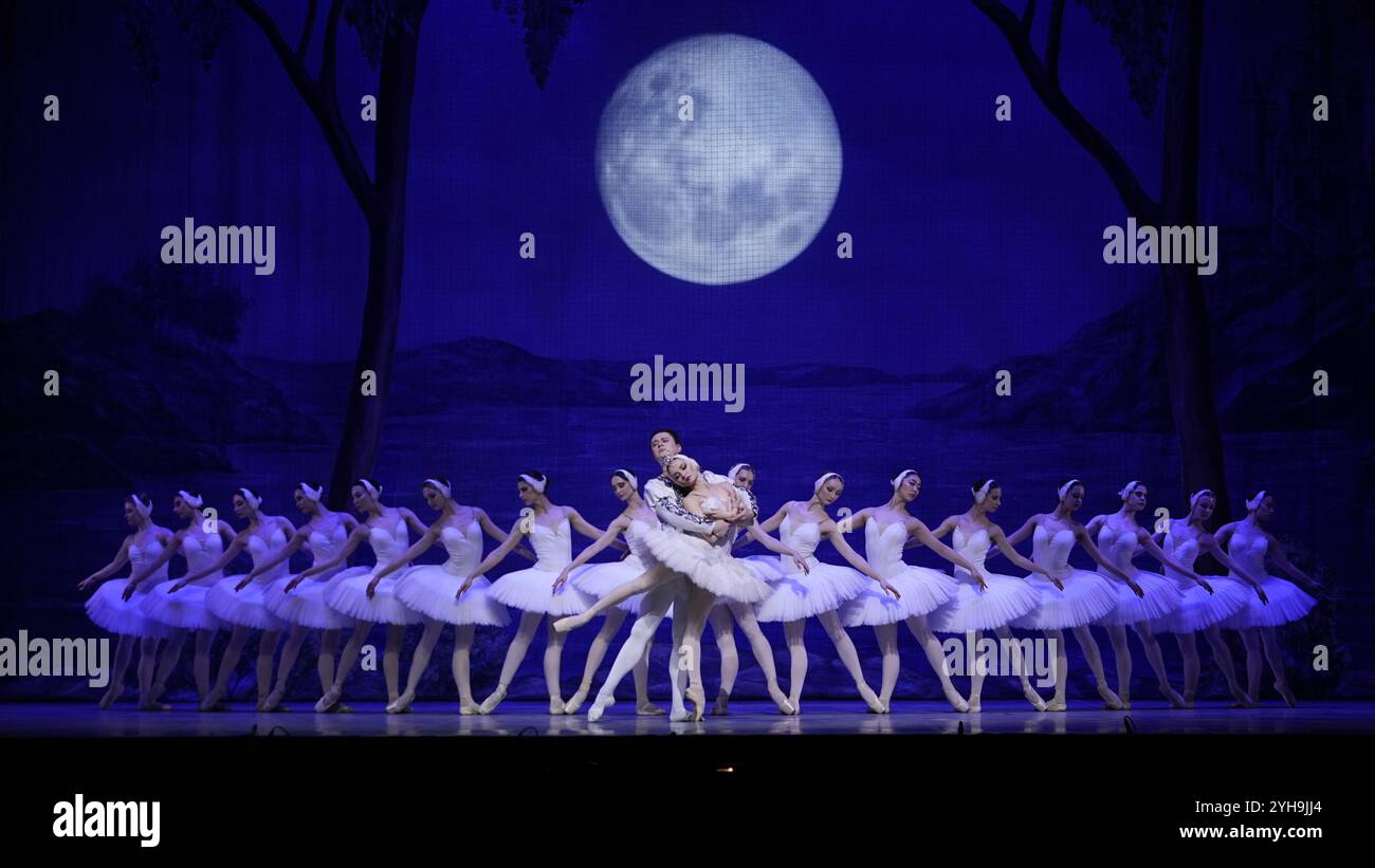 Spettacolo di balletto sul lago dei cigni. Incantevoli ballerine a Parigi, Francia 11.10.2024 Foto Stock