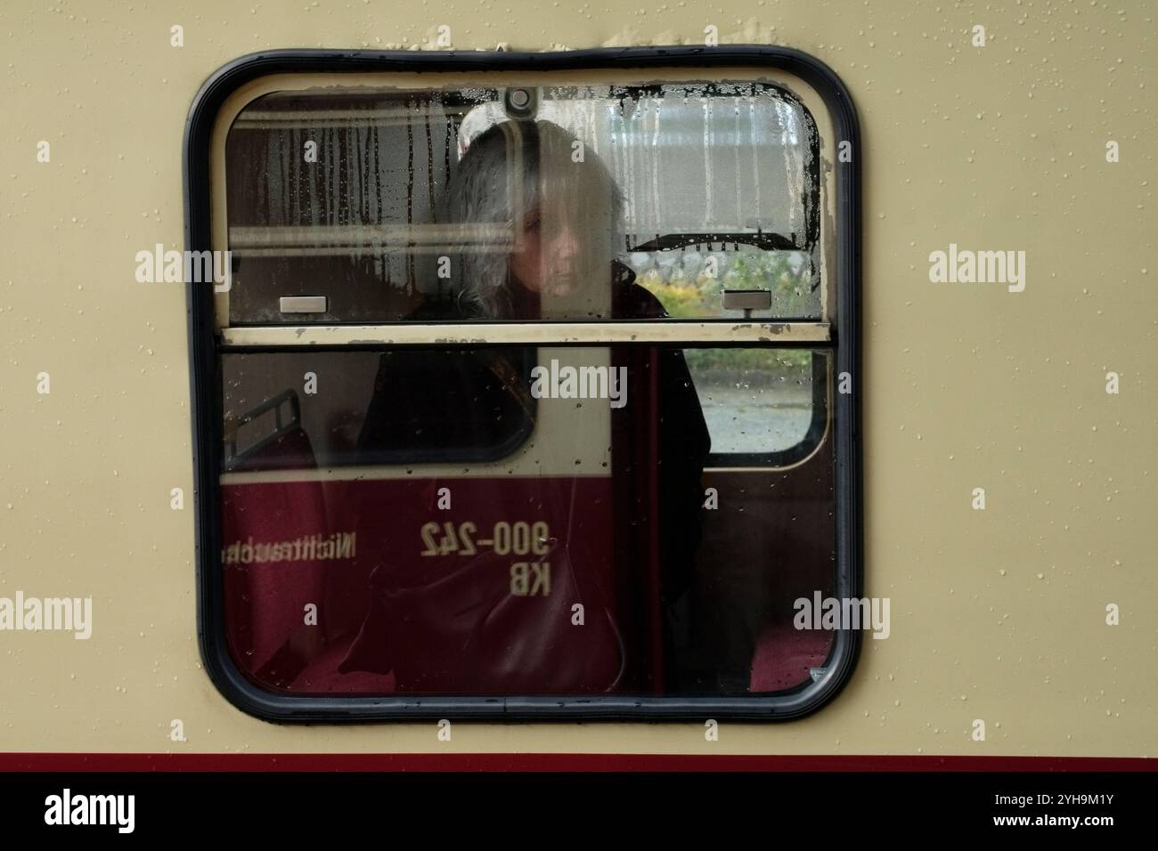 Donna in carrozza alla stazione Drei Annen Hohne sulla Harz Narrow Gauge Railway (HSB), Harz, Germania. Foto Stock