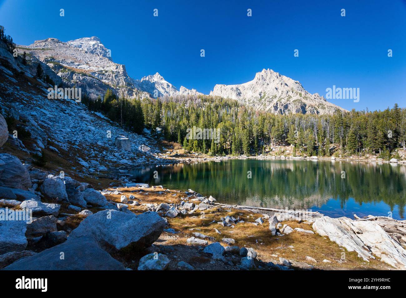 Grandi massi che circondano l'Amphitheatre Lake Below Dischination Peak e il Grand Teton. Grand Teton National Park, Wyoming Foto Stock