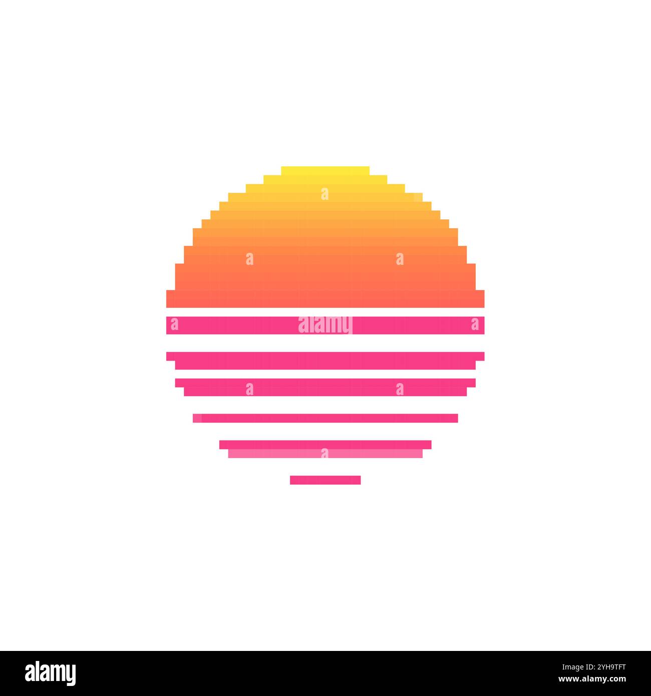 Icona tramonto pixel con sfumatura arancione rosa. Pixel art retrò, disegno a righe al tramonto, icona del cielo naturale. Illustrazione Vettoriale