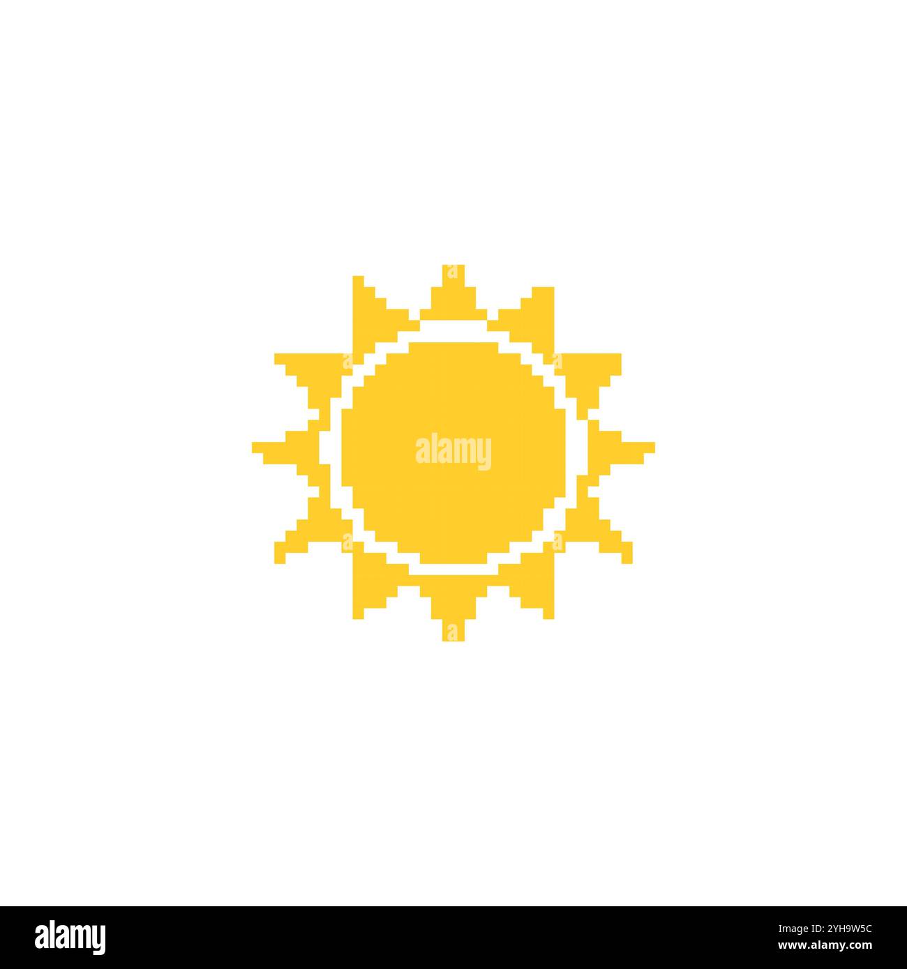 Illustrazione del sole pixellato. Semplice pixel art di un sole giallo con raggi che si estendono verso l'esterno. Illustrazione Vettoriale